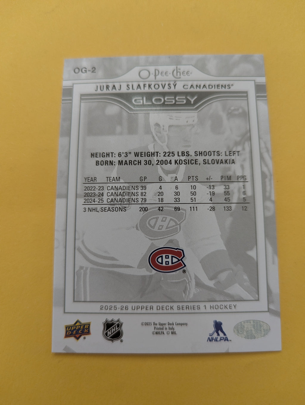 Juraj Slafkovsky 25-26 Upper Deck OPC Glossy Card