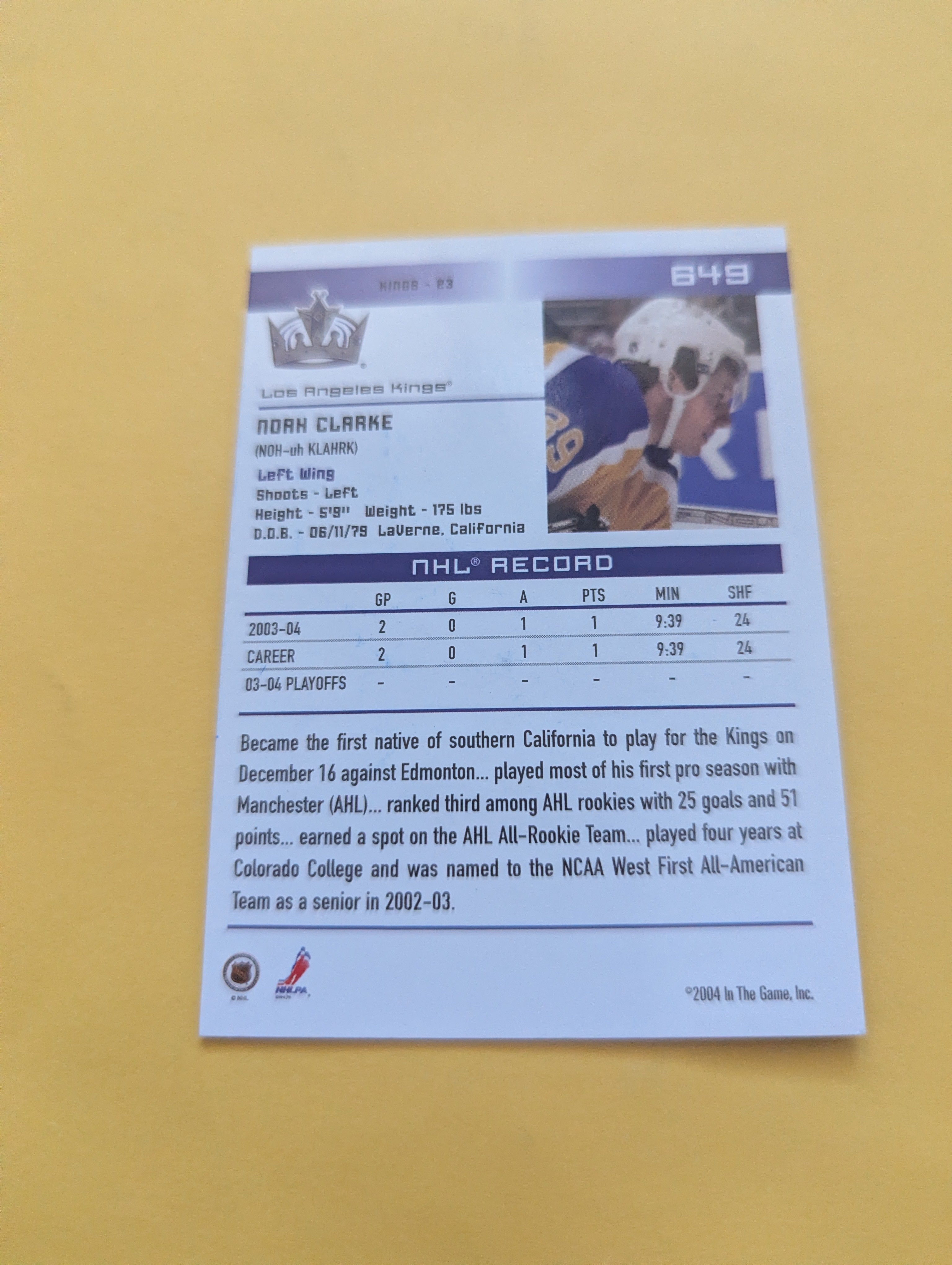 Noah Clarke Signed Los Angeles Kings Rookie Card