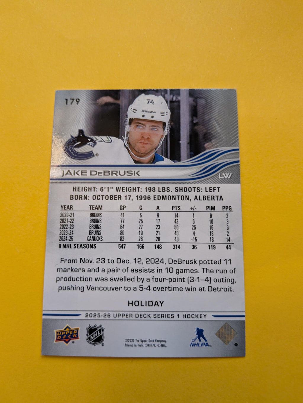 Jake Debrusk 25-26 Upper Deck Green Holiday Card