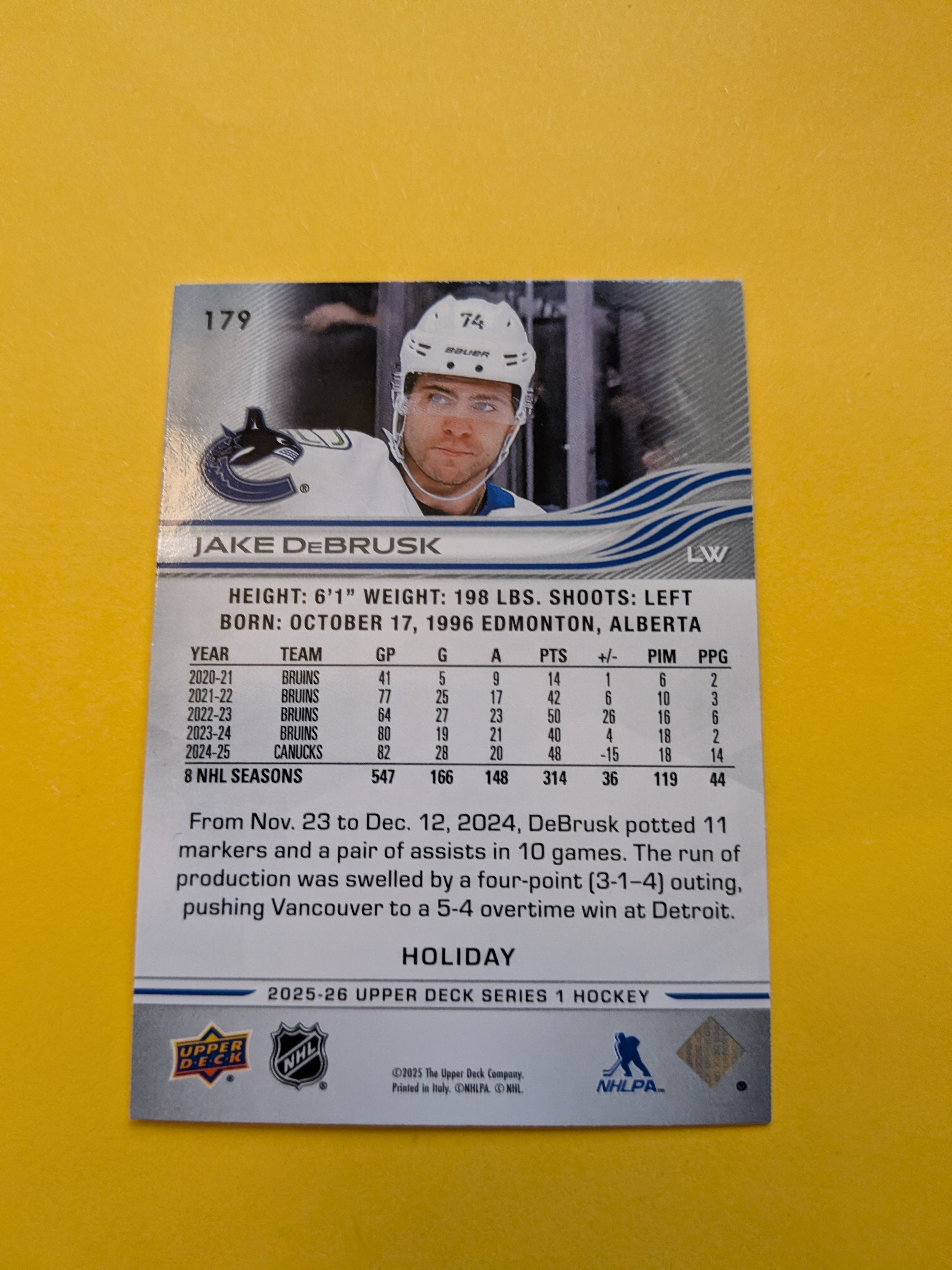 Jake Debrusk 25-26 Upper Deck Green Holiday Card