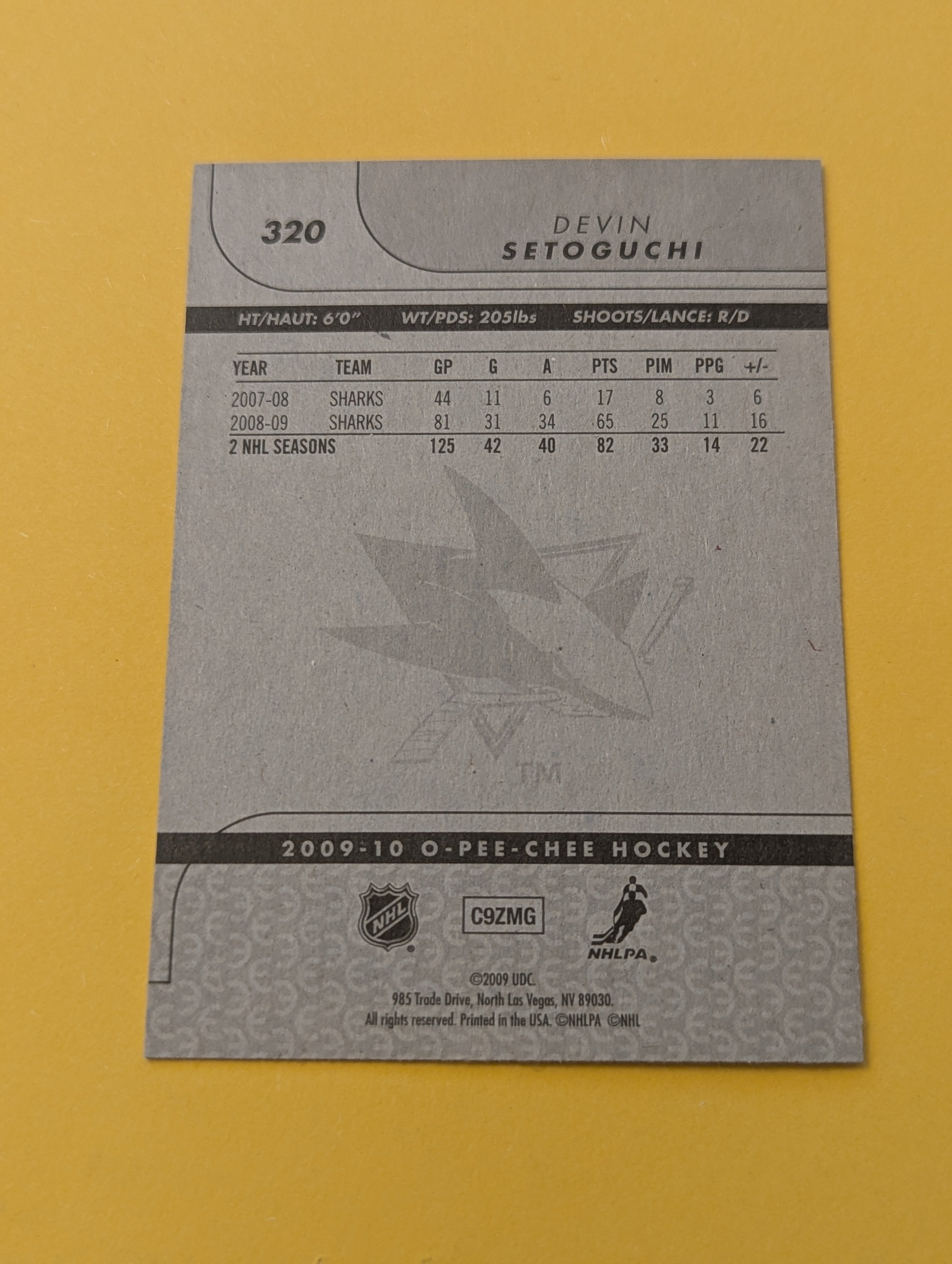 Devin Setoguchi Signed San Jose Sharks Card