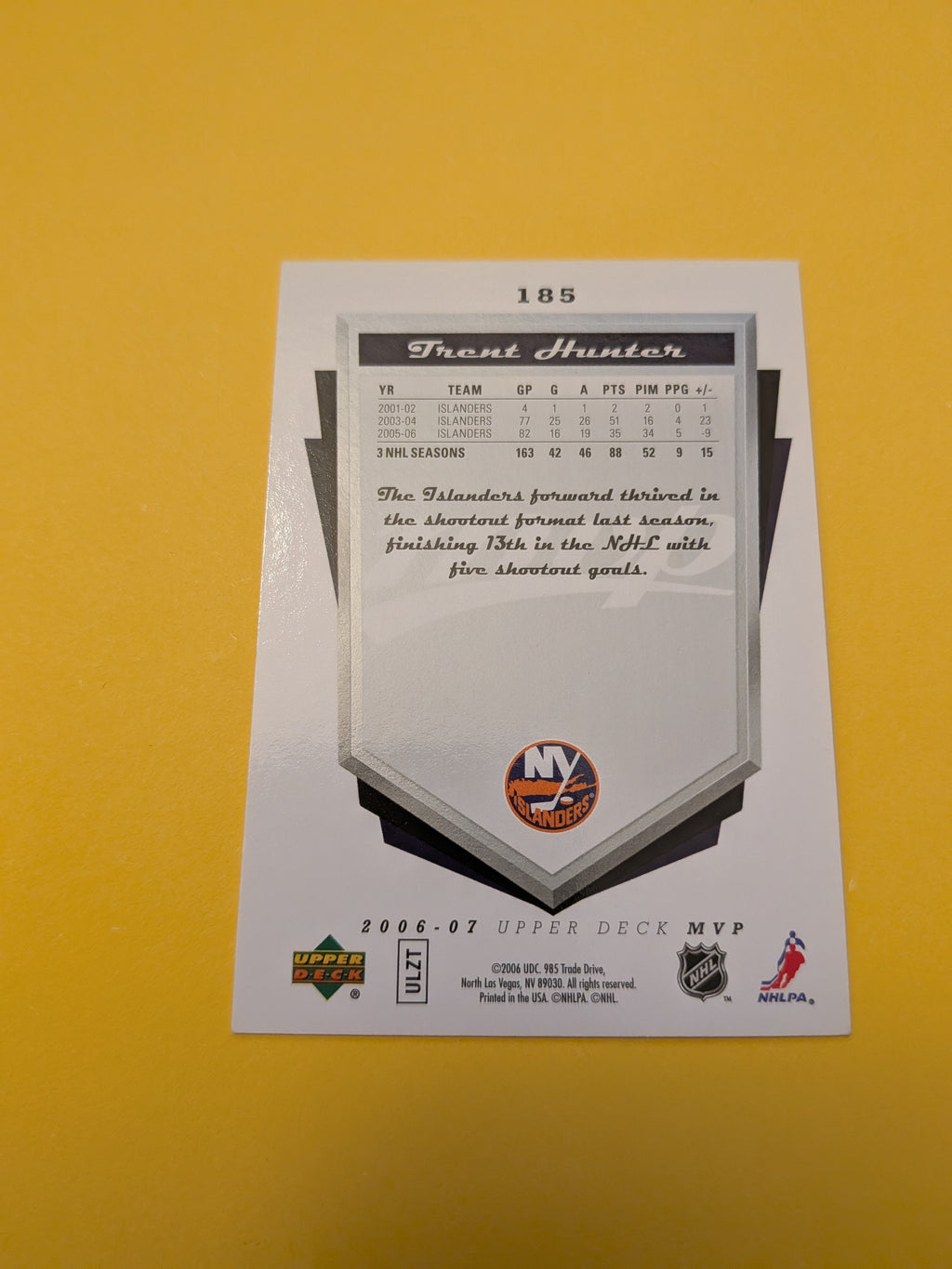 Trent Hunter Signed New York Islanders Card A