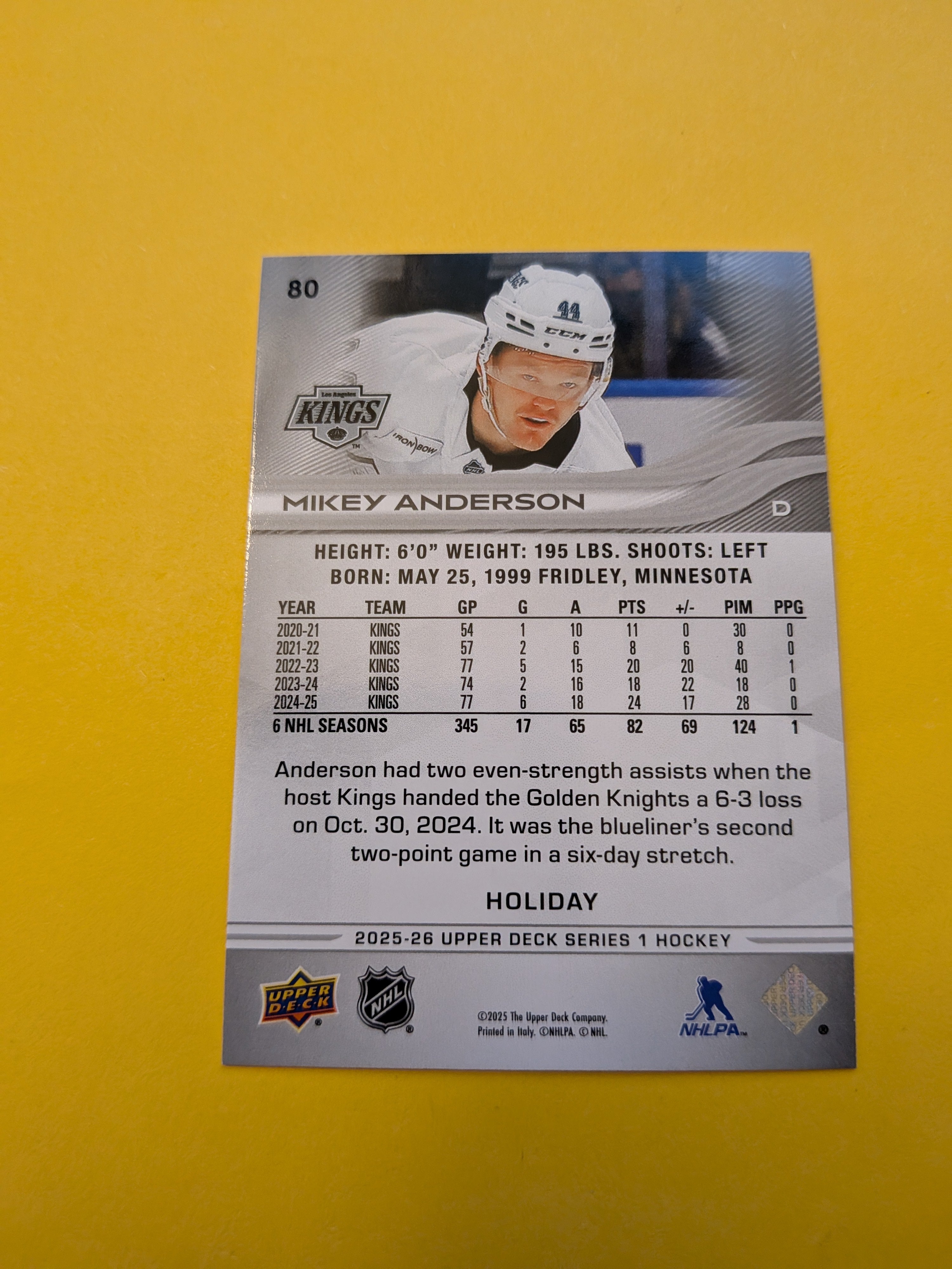 Mikey Anderson 25-26 Upper Deck Green Holiday Card