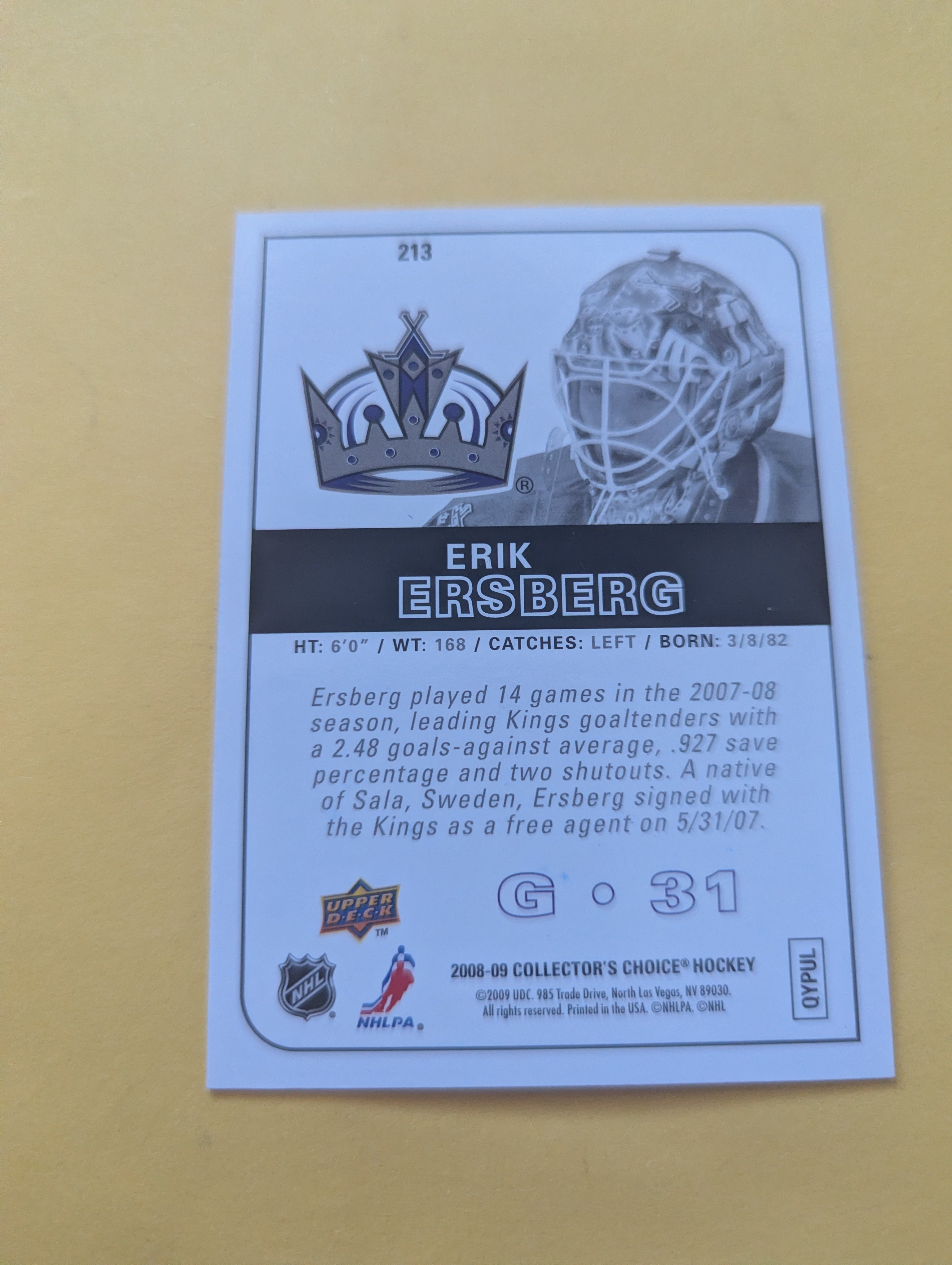 Erik Ersberg Signed Los Angeles Kings Rookie Card