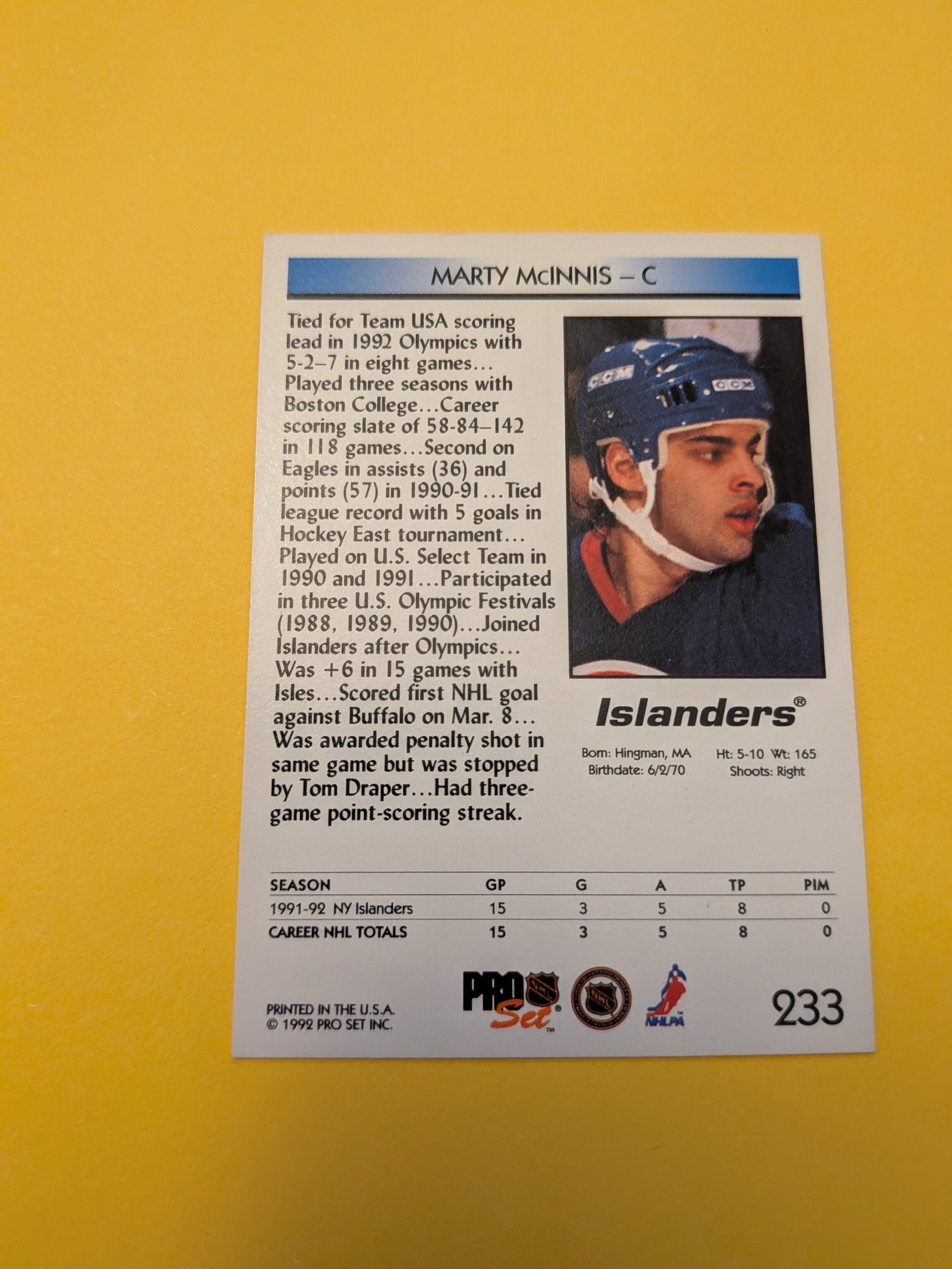 Marty McInnis Signed New York Islanders Card D
