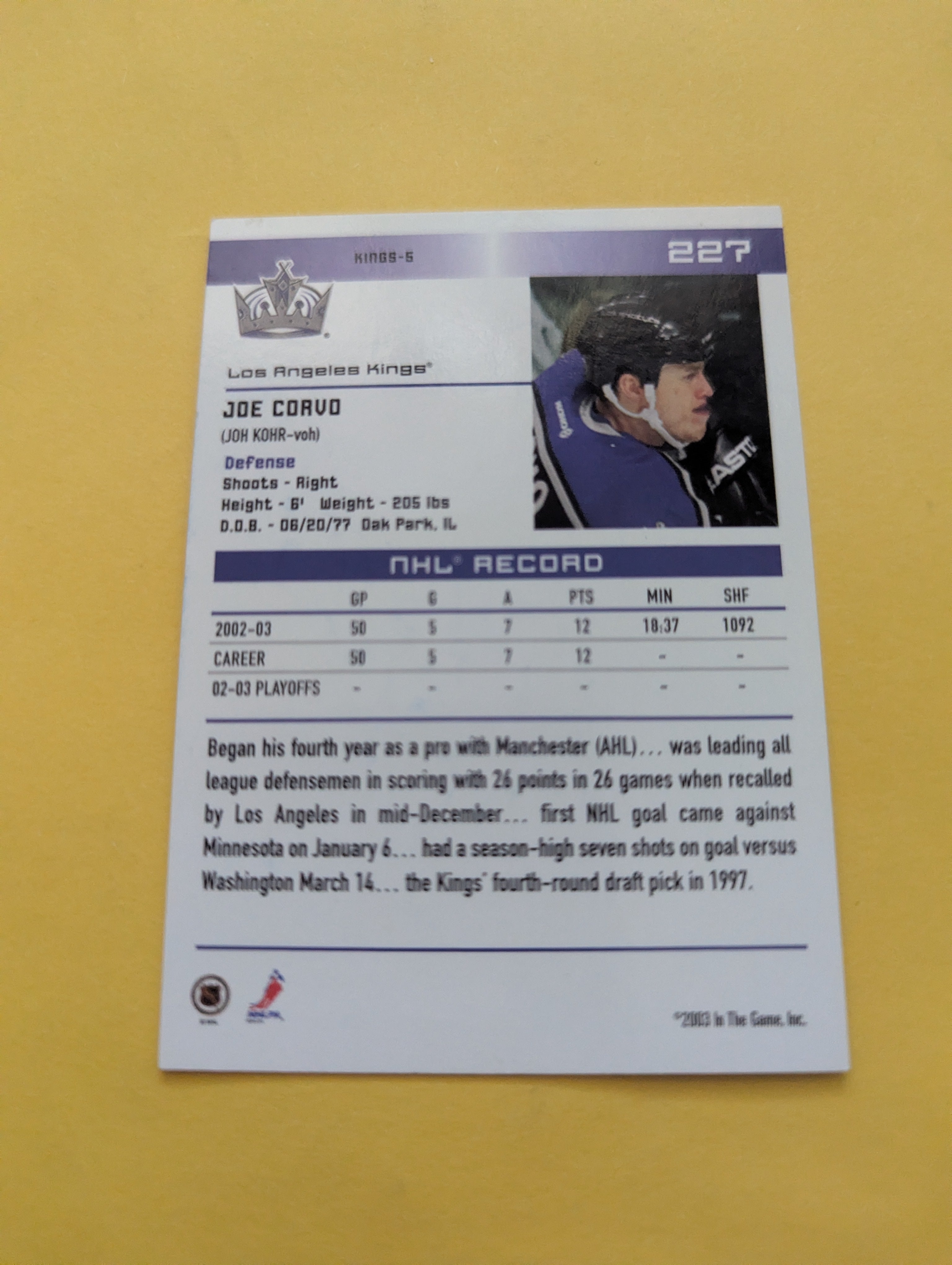 Joe Corvo Signed Los Angeles Kings Card