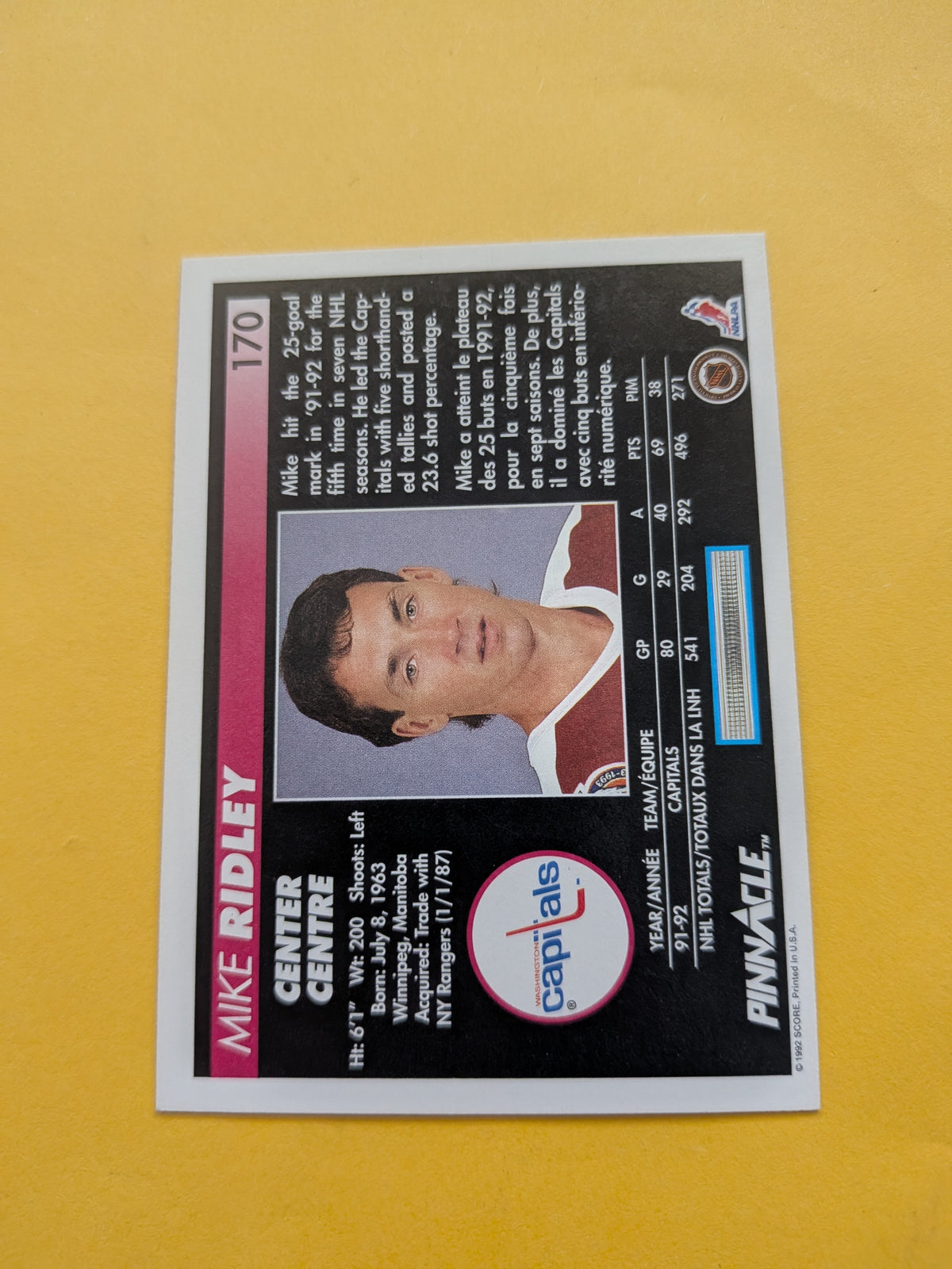 Mike Ridley Signed Washington Capitals Card B