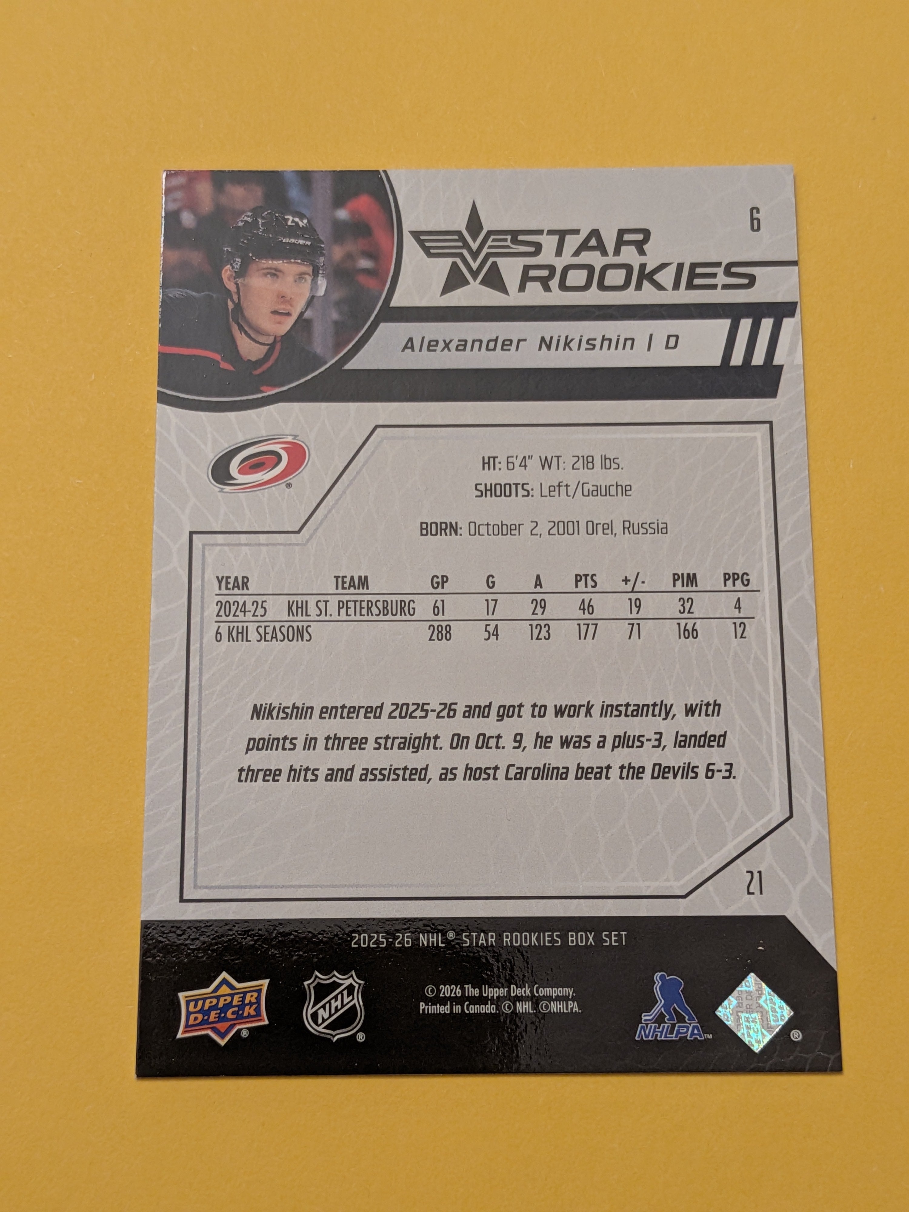 Alexander Nikishin 25-26 Upper Deck Star Rookies Card