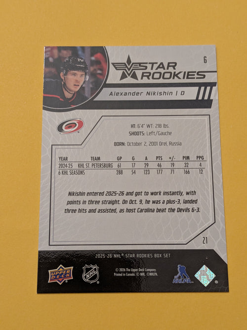 Alexander Nikishin 25-26 Upper Deck Star Rookies Card
