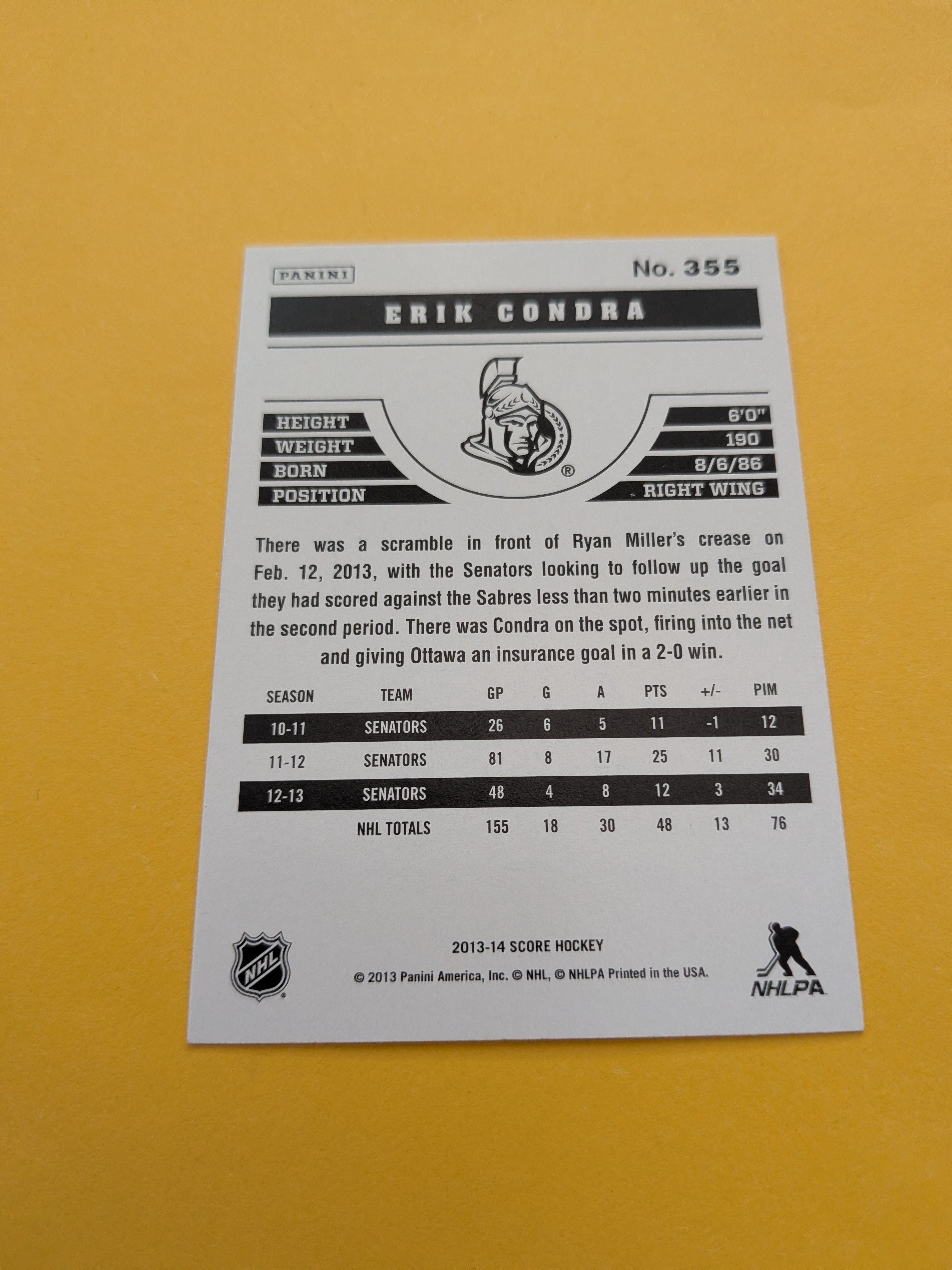 Erik Condra Signed Ottawa Senators Card B