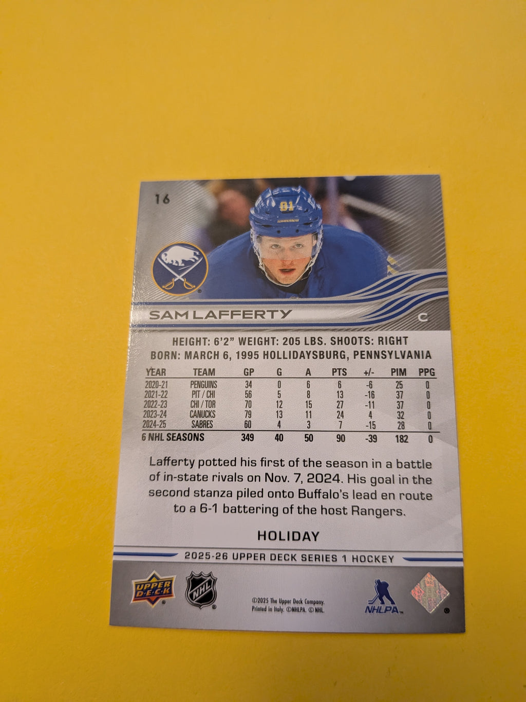 Sam Lafferty 25-26 Upper Deck Green Holiday Card