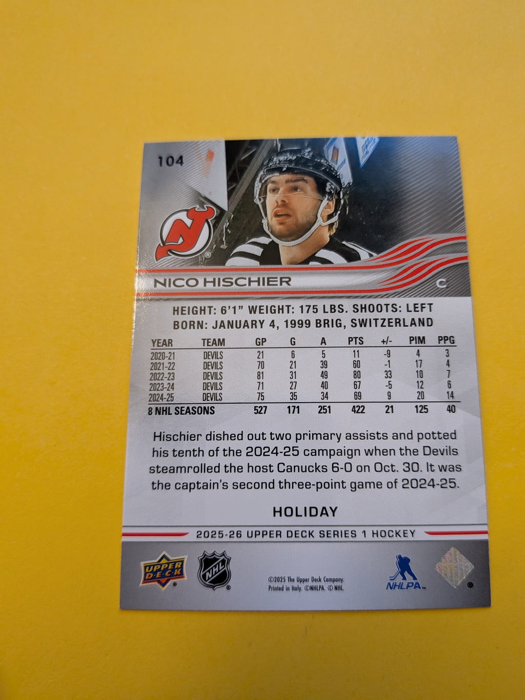 Nico Hischier 25-26 Upper Deck Green Holiday Card