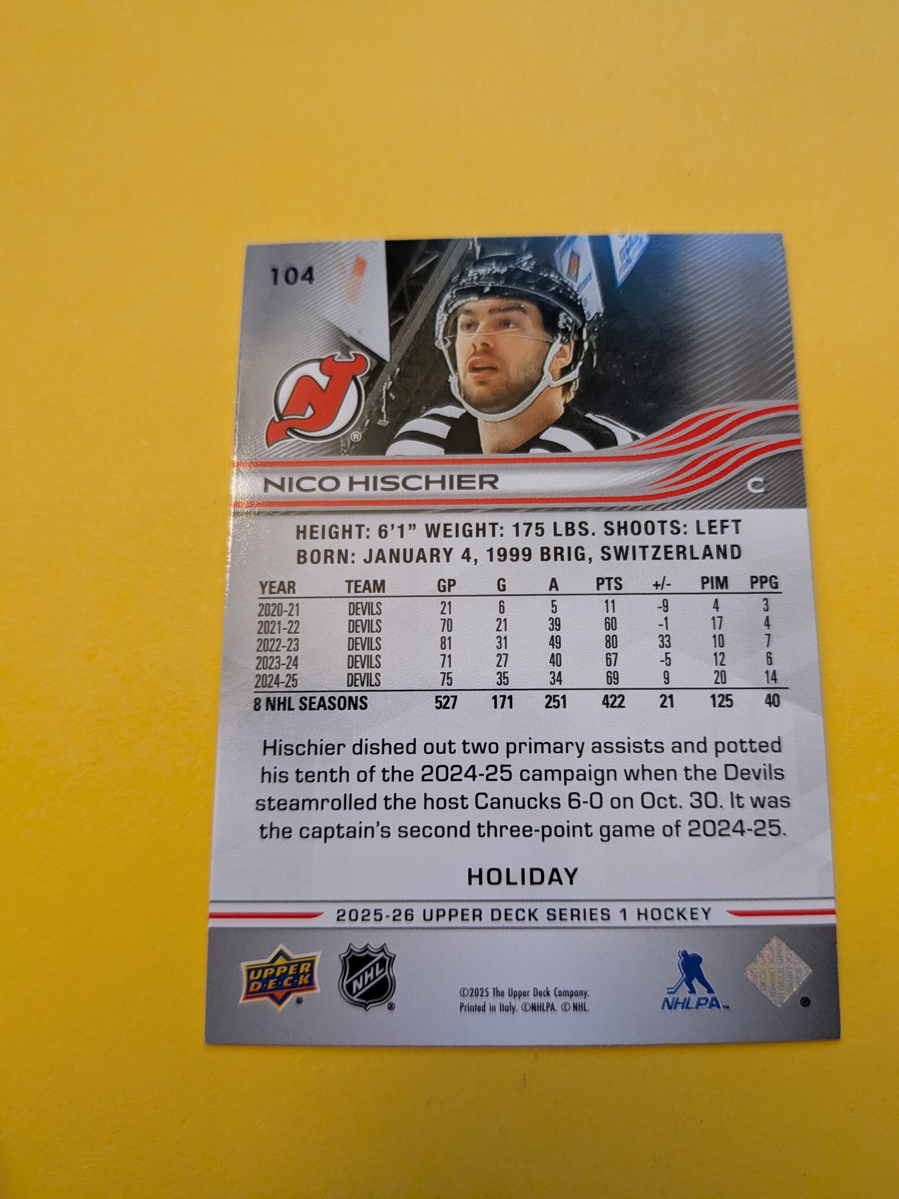 Nico Hischier 25-26 Upper Deck Green Holiday Card
