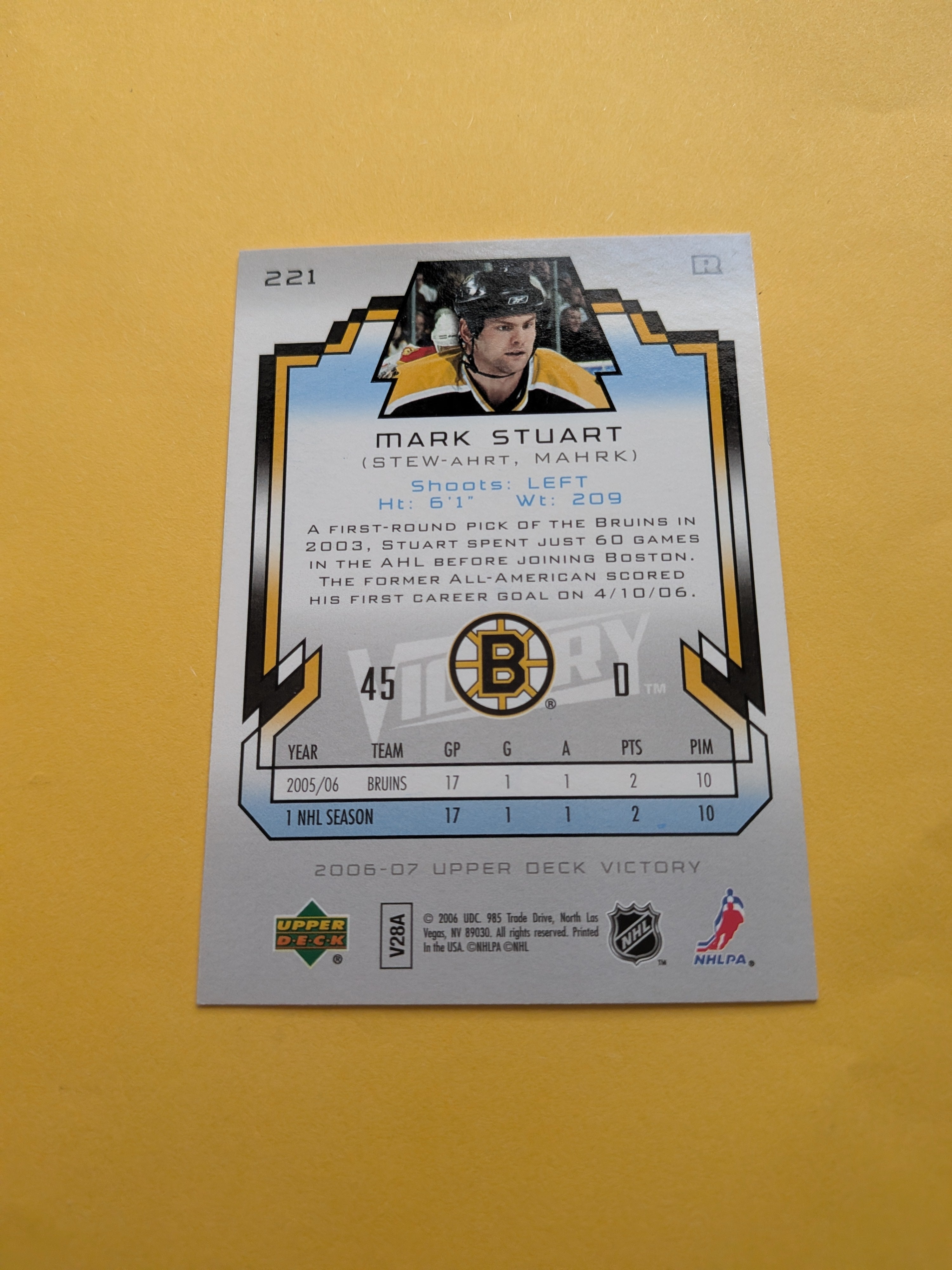 Mark Stuart Signed Boston Bruins Rookie Card E