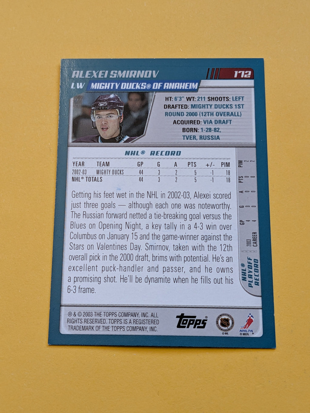 Alexei Smirnov Signed Anaheim Ducks Card A