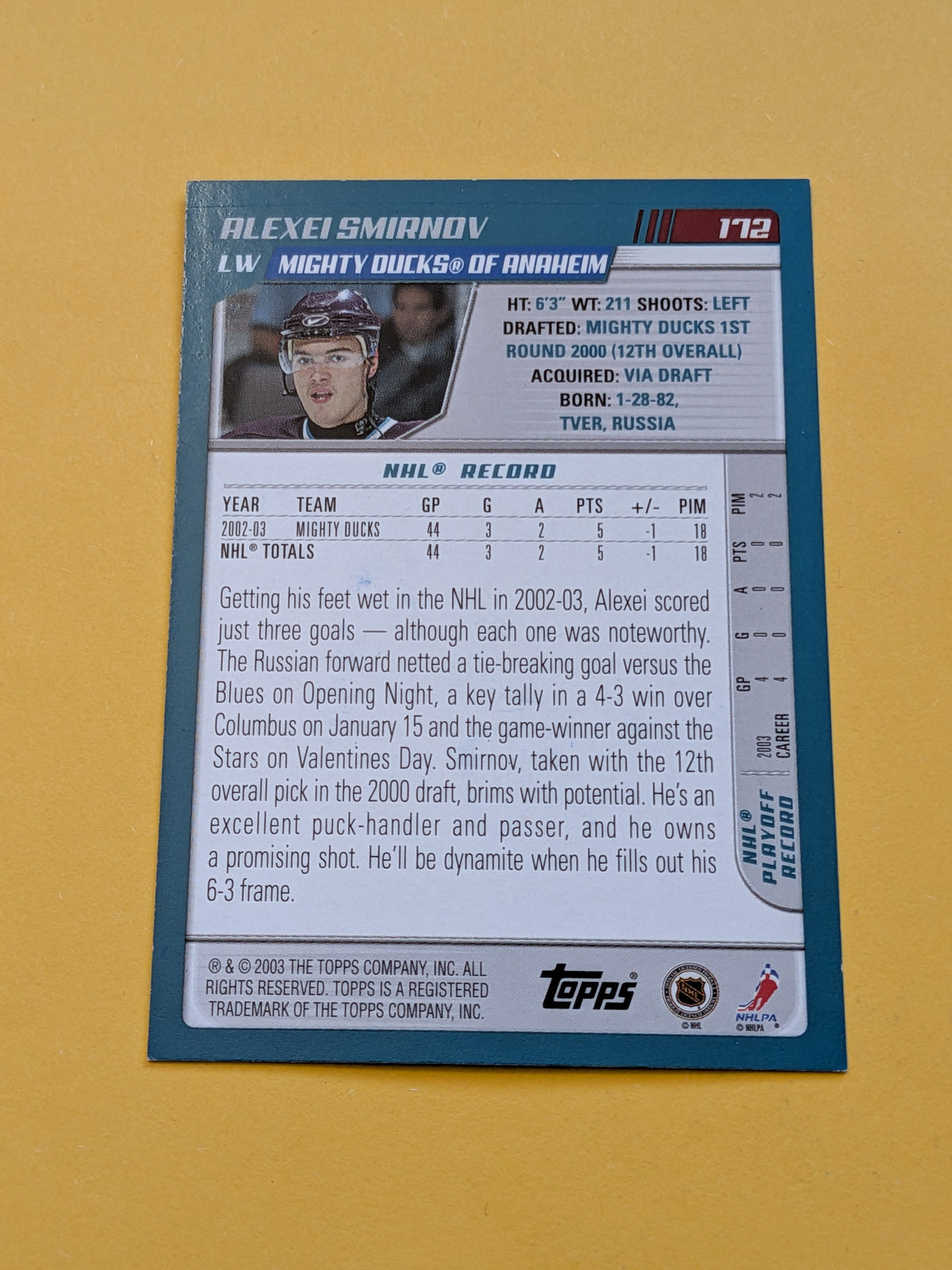 Alexei Smirnov Signed Anaheim Ducks Card A