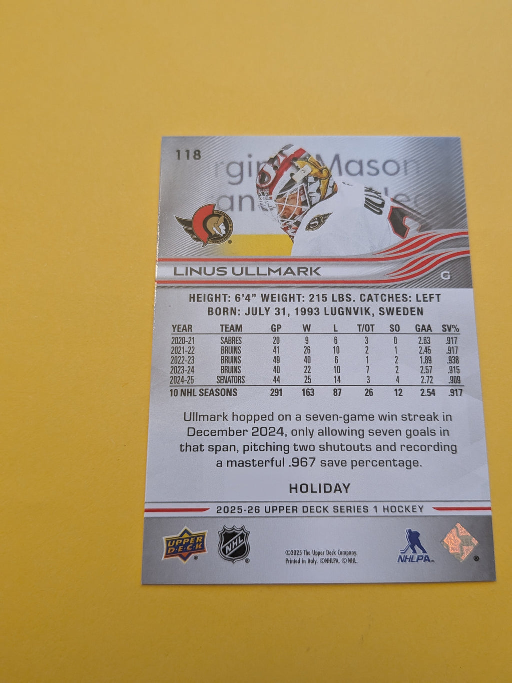 Linus Ullmark 25-26 Upper Deck Green Holiday Card