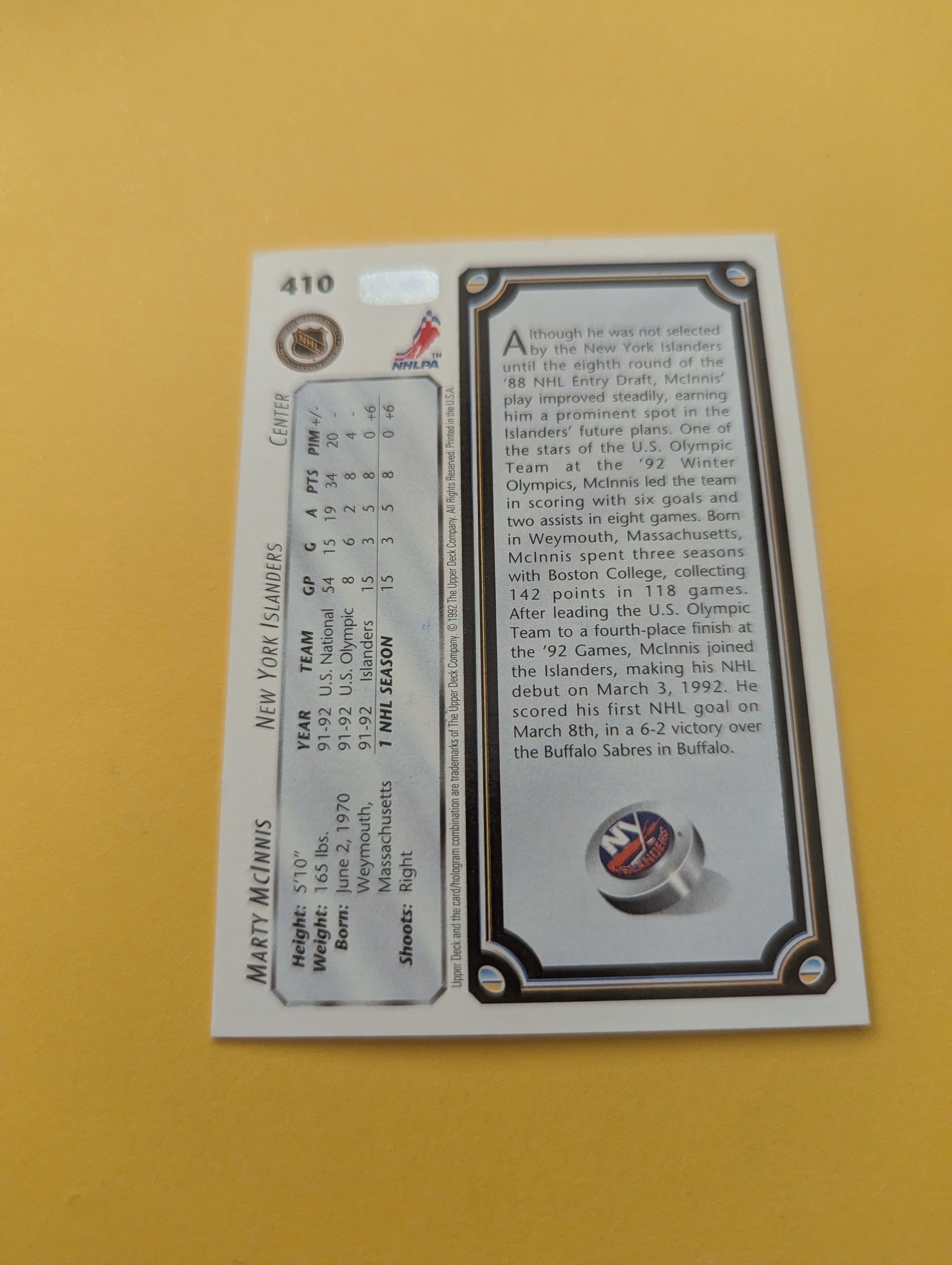 Marty McInnis Signed New York Islanders Card