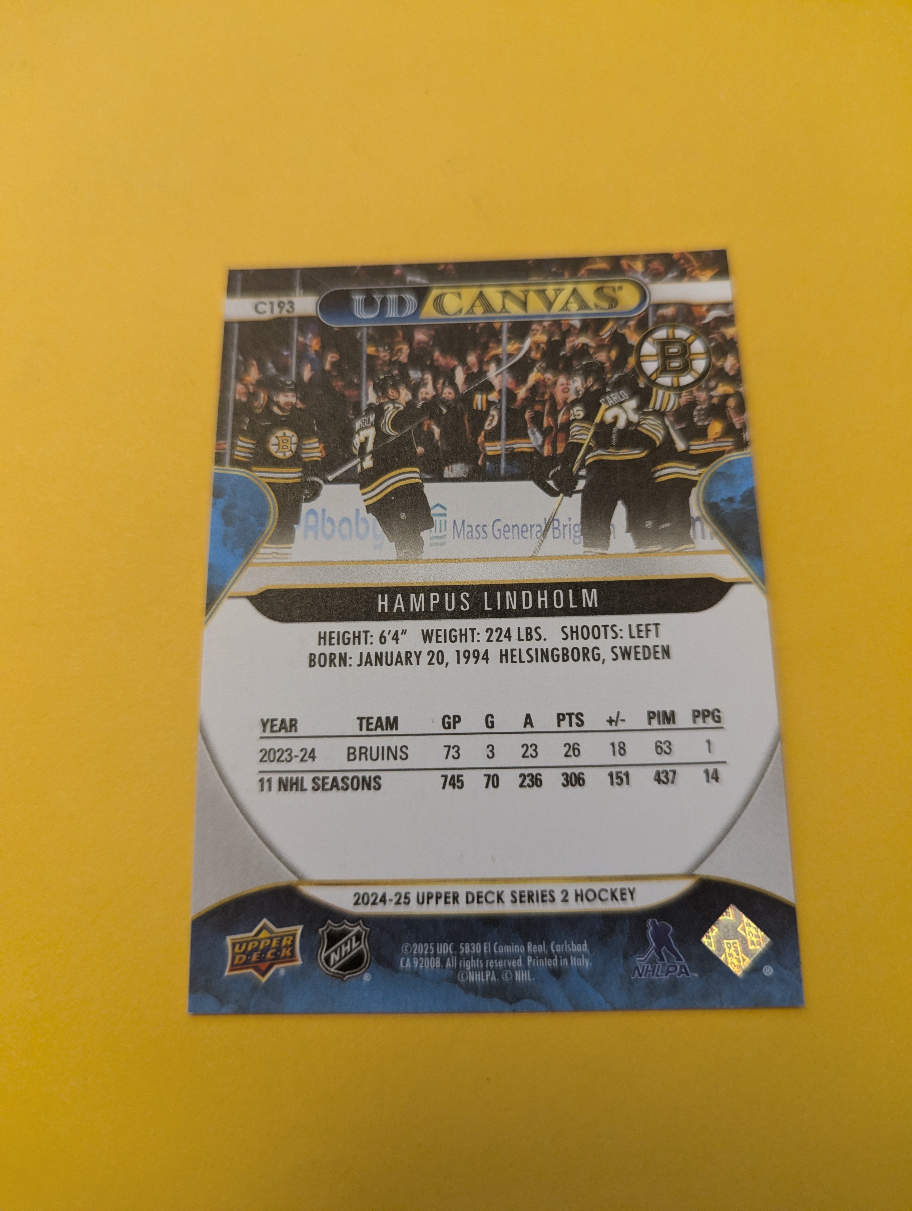 Hampus Lindholm 24-25 Upper Deck UD Canvas Card