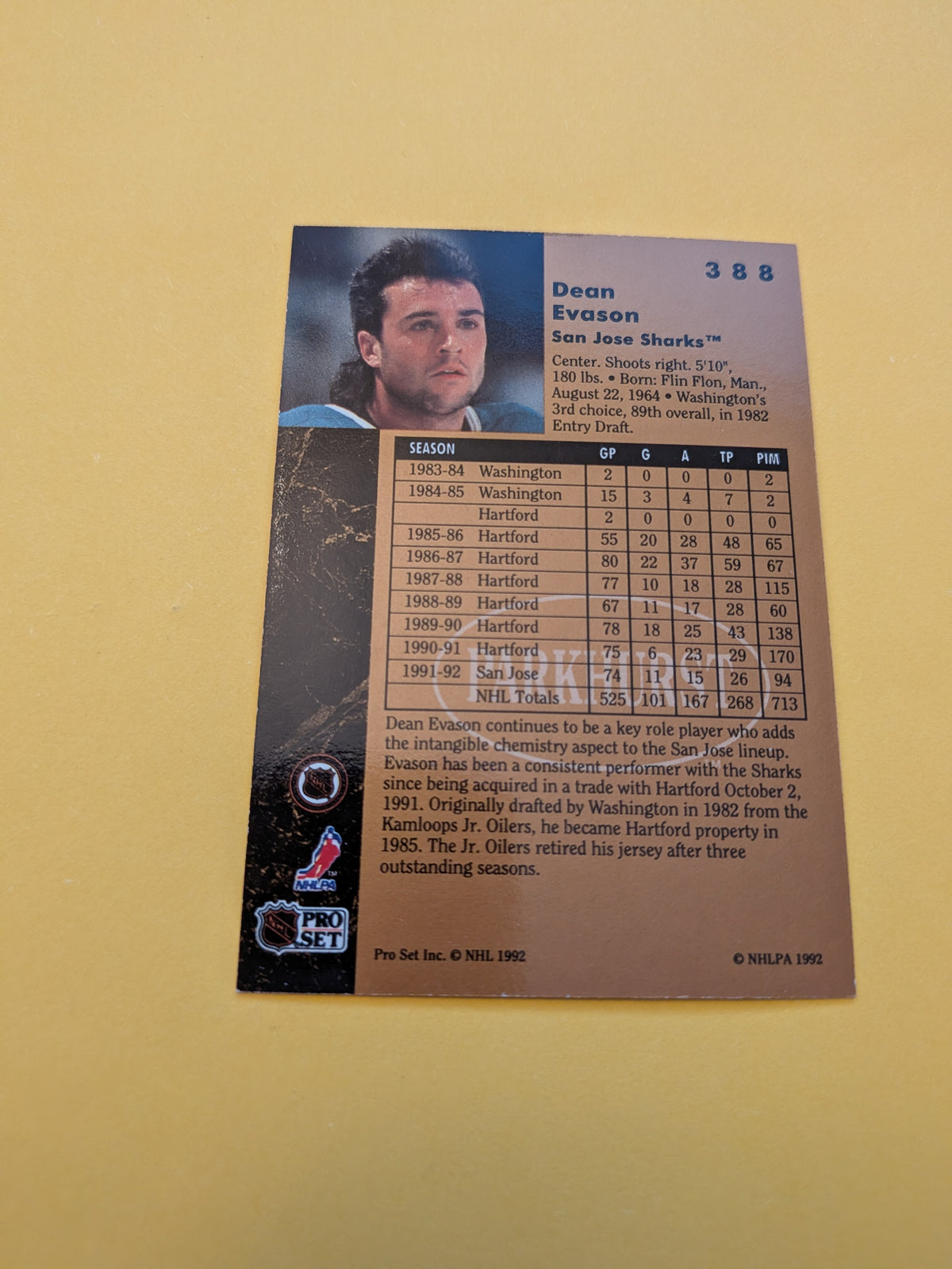 Dean Evason Signed San Jose Sharks Card B