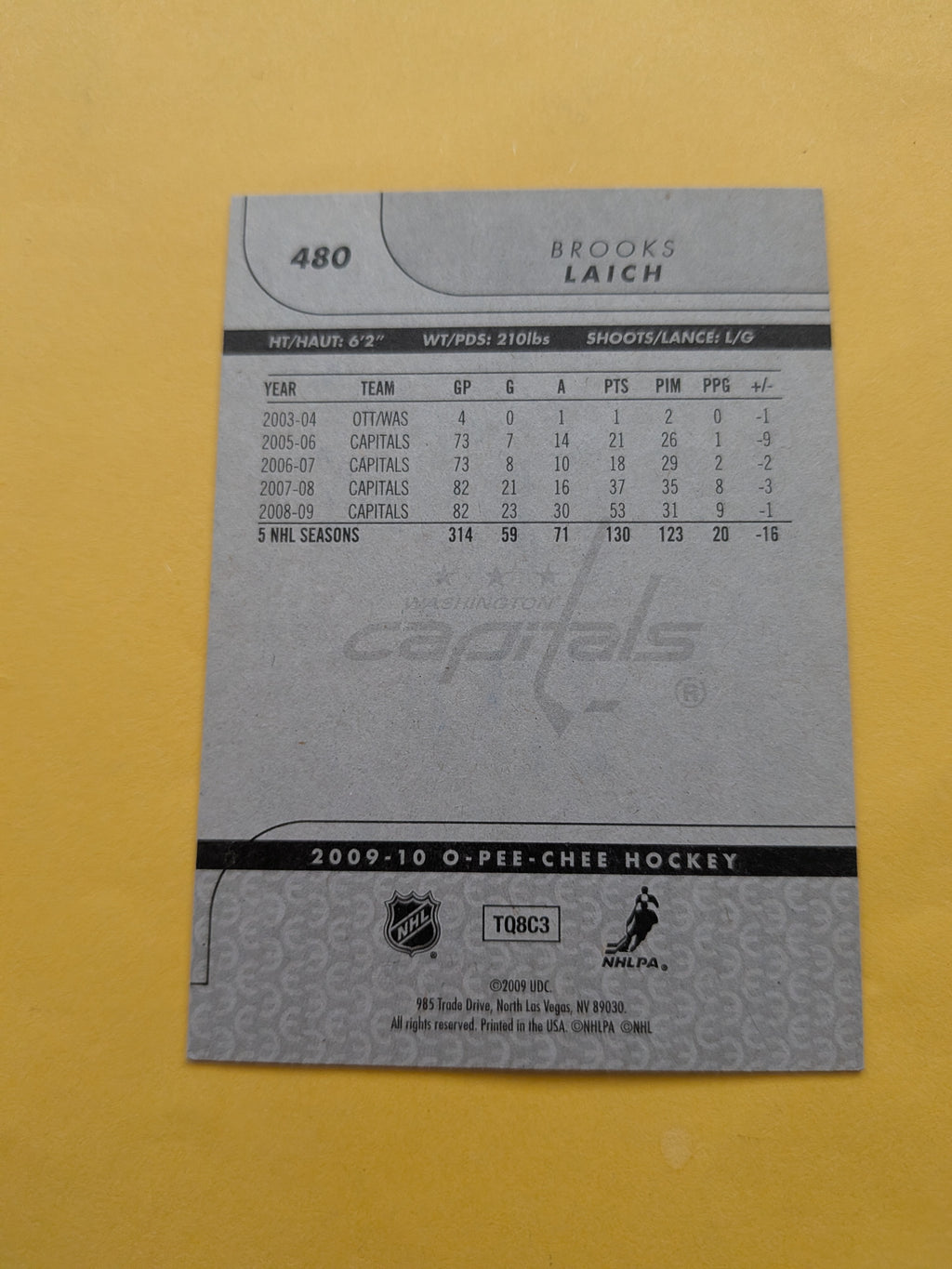 Brooks Laich Signed Washington Capitals Card B