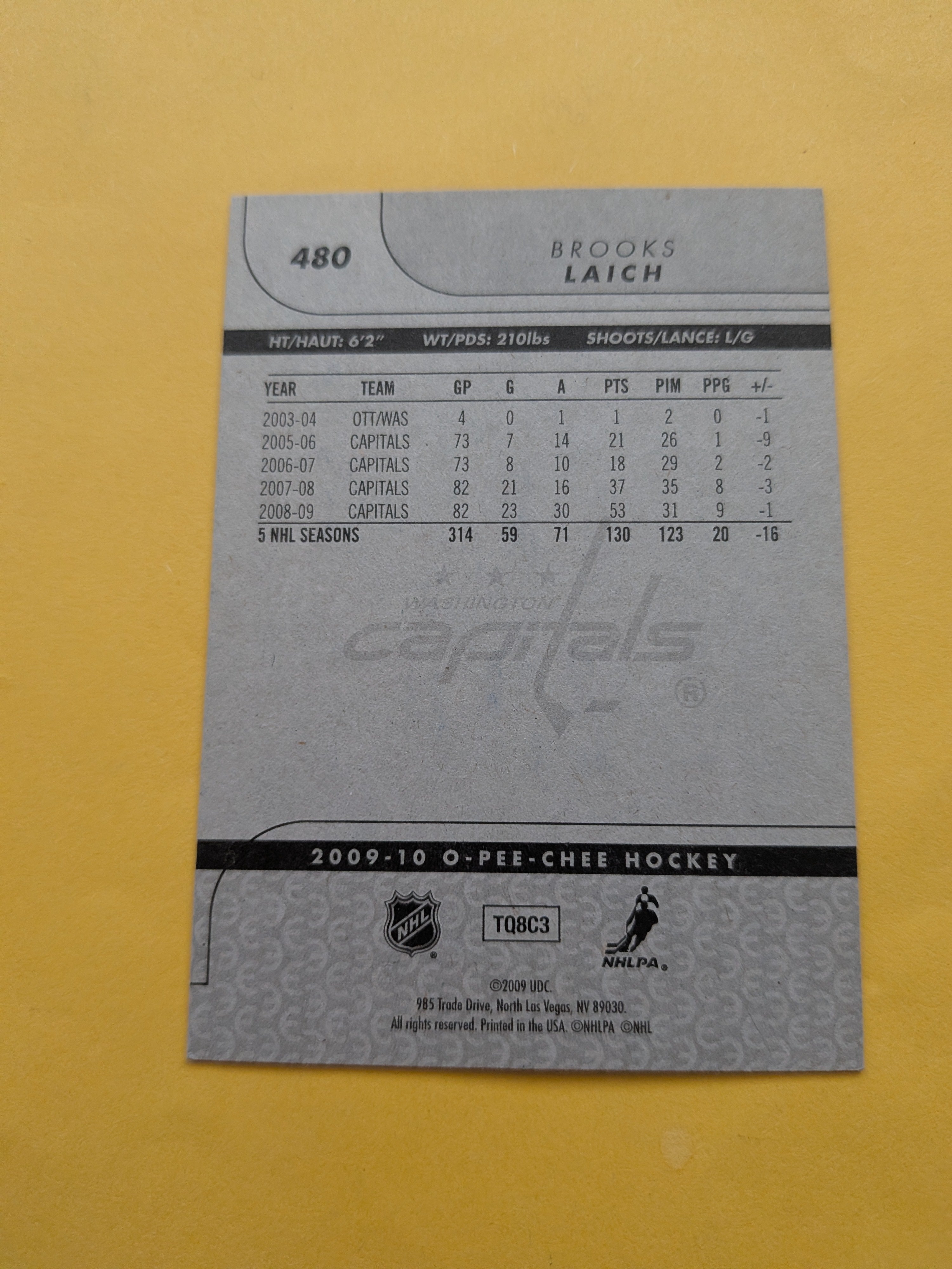 Brooks Laich Signed Washington Capitals Card B