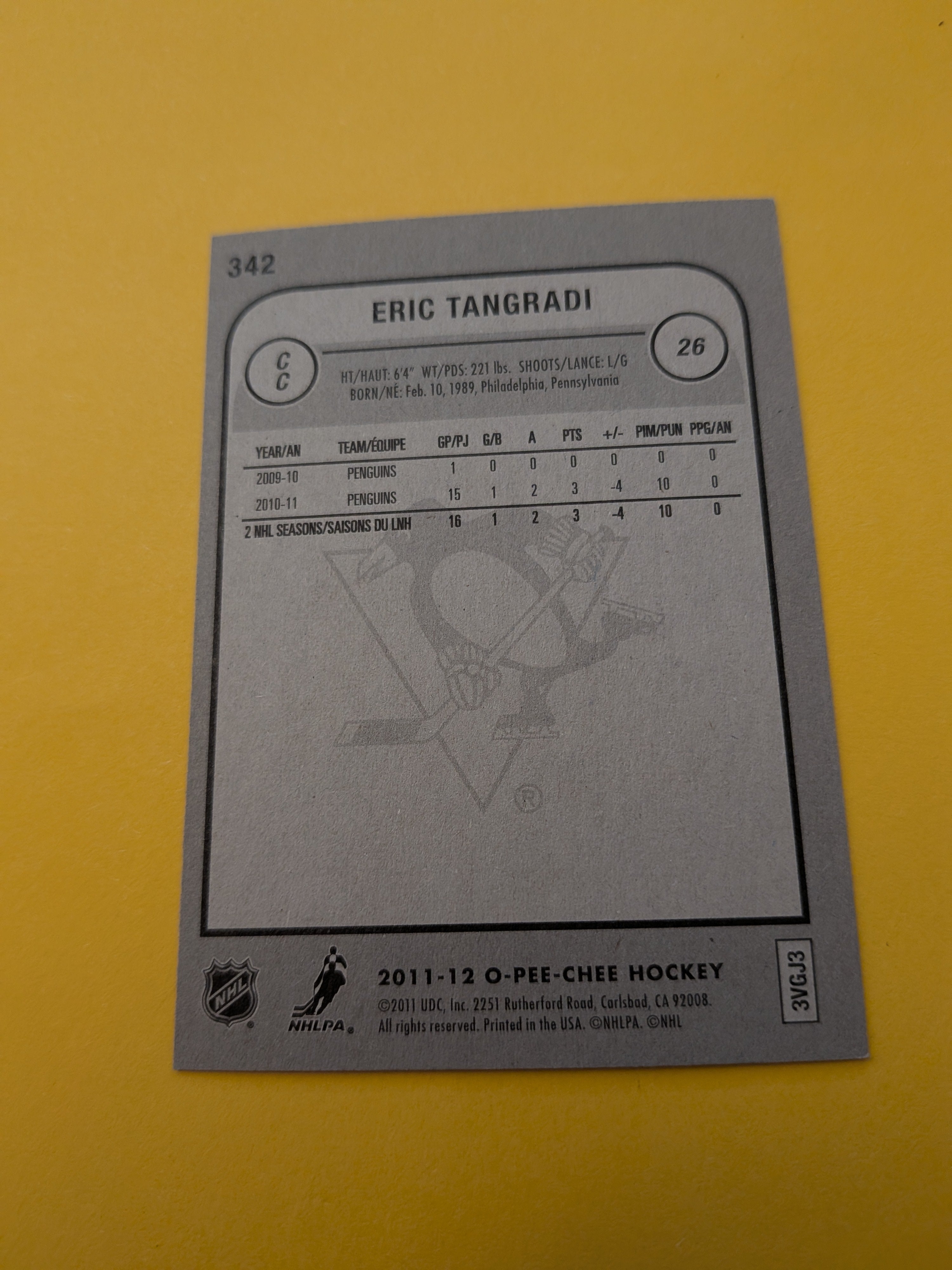 Eric Tangradi Signed Pittsburgh Penguins Card