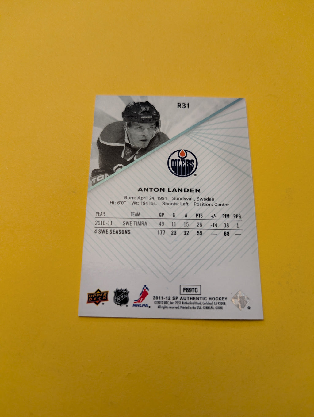 Anton Lander Signed Edmonton Oilers Card