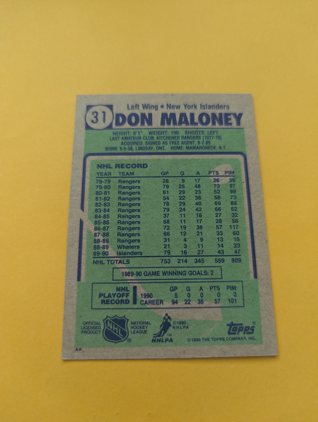 Don Maloney Signed New York Islanders Card