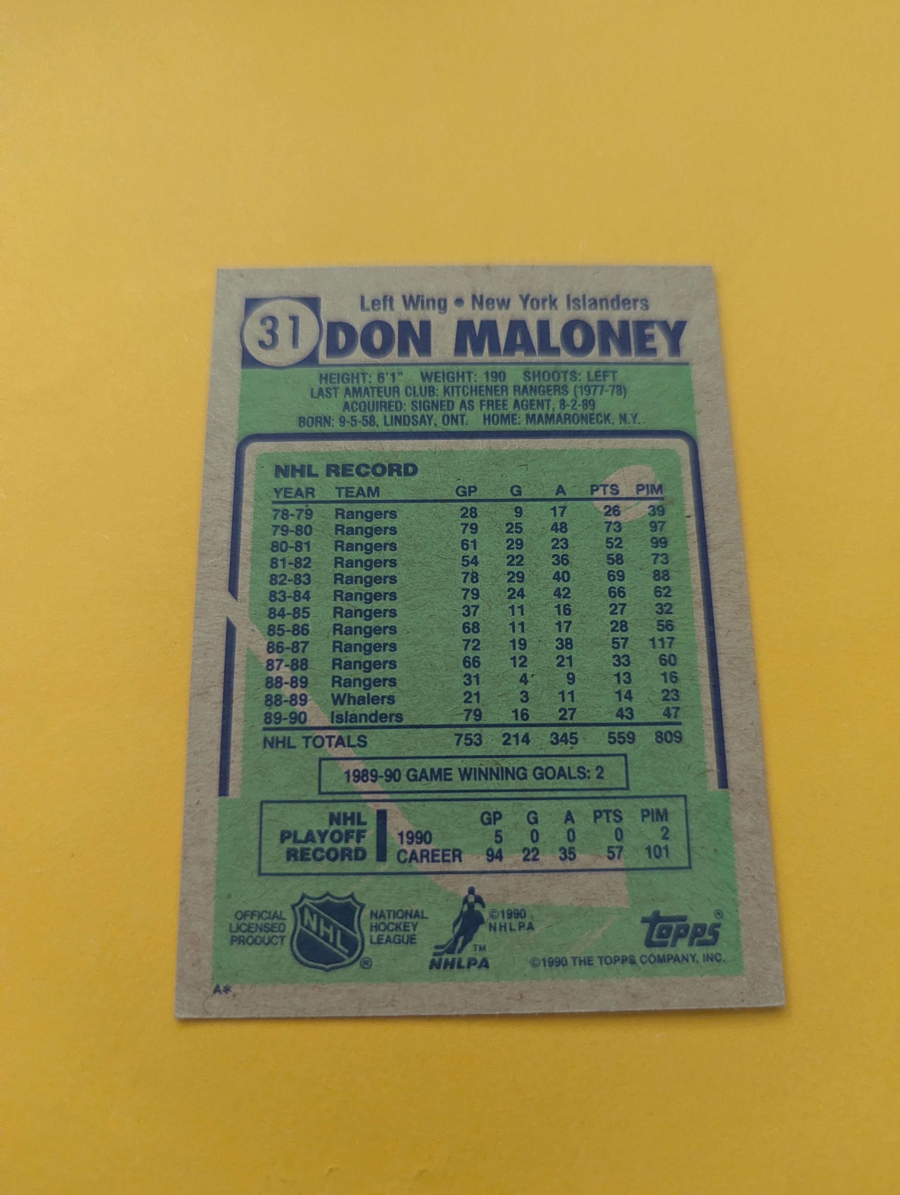 Don Maloney Signed New York Islanders Card