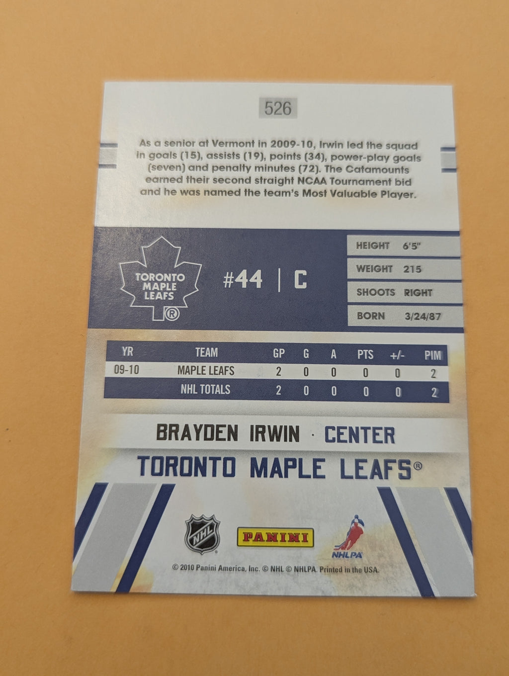 Brayden Irwin Signed Toronto Maple Leafs Rookie Card