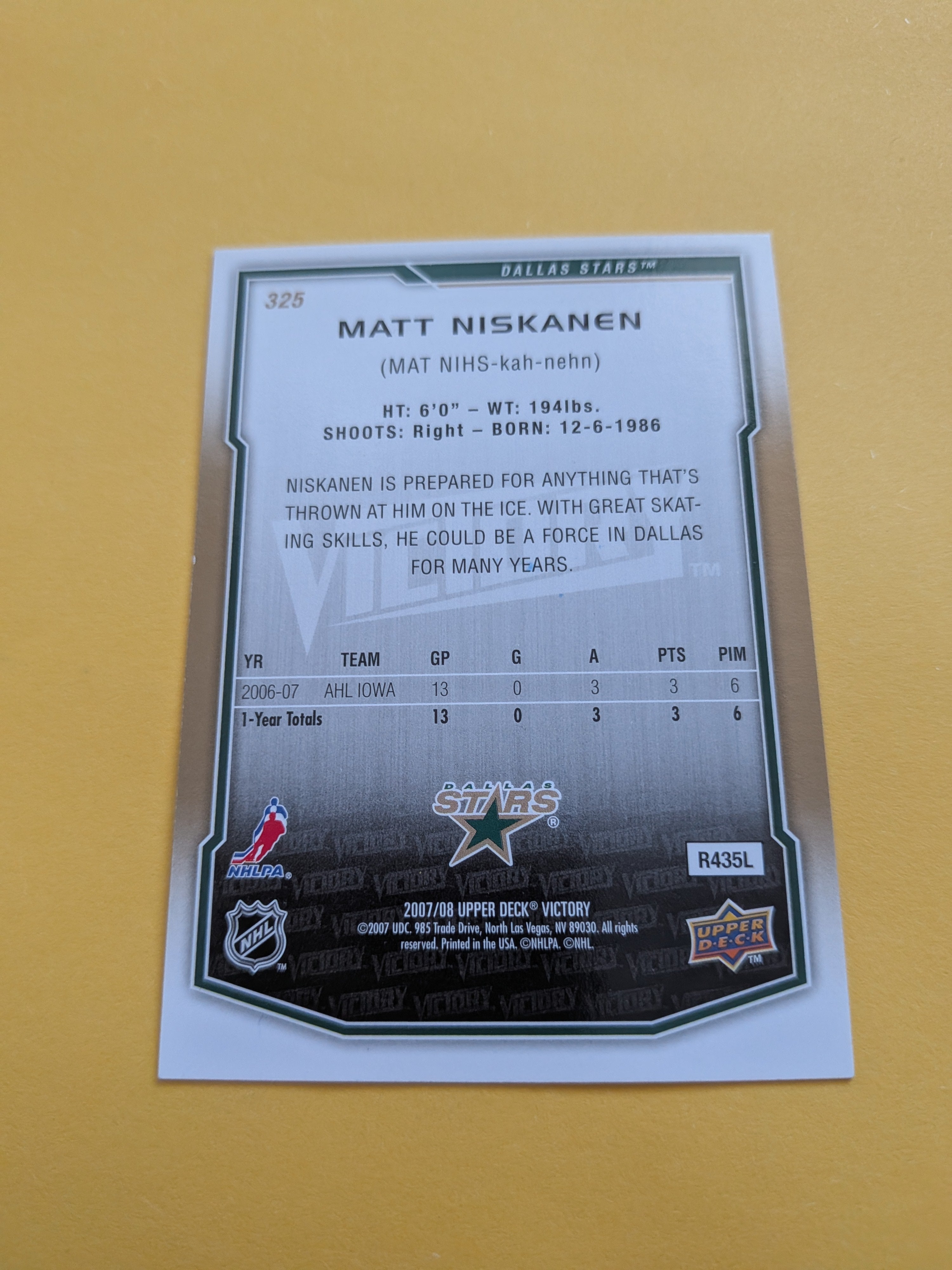 Matt Niskanen Signed Dallas Stars Rookie Card A