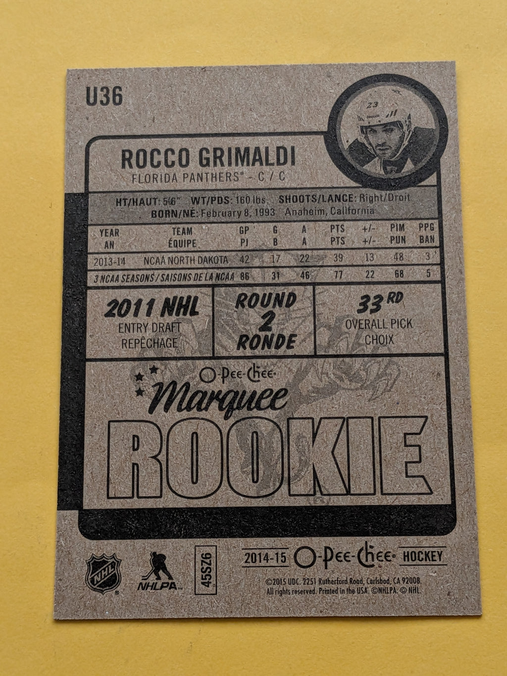 Rocco Grimaldi Signed Florida Panthers Rookie Card C