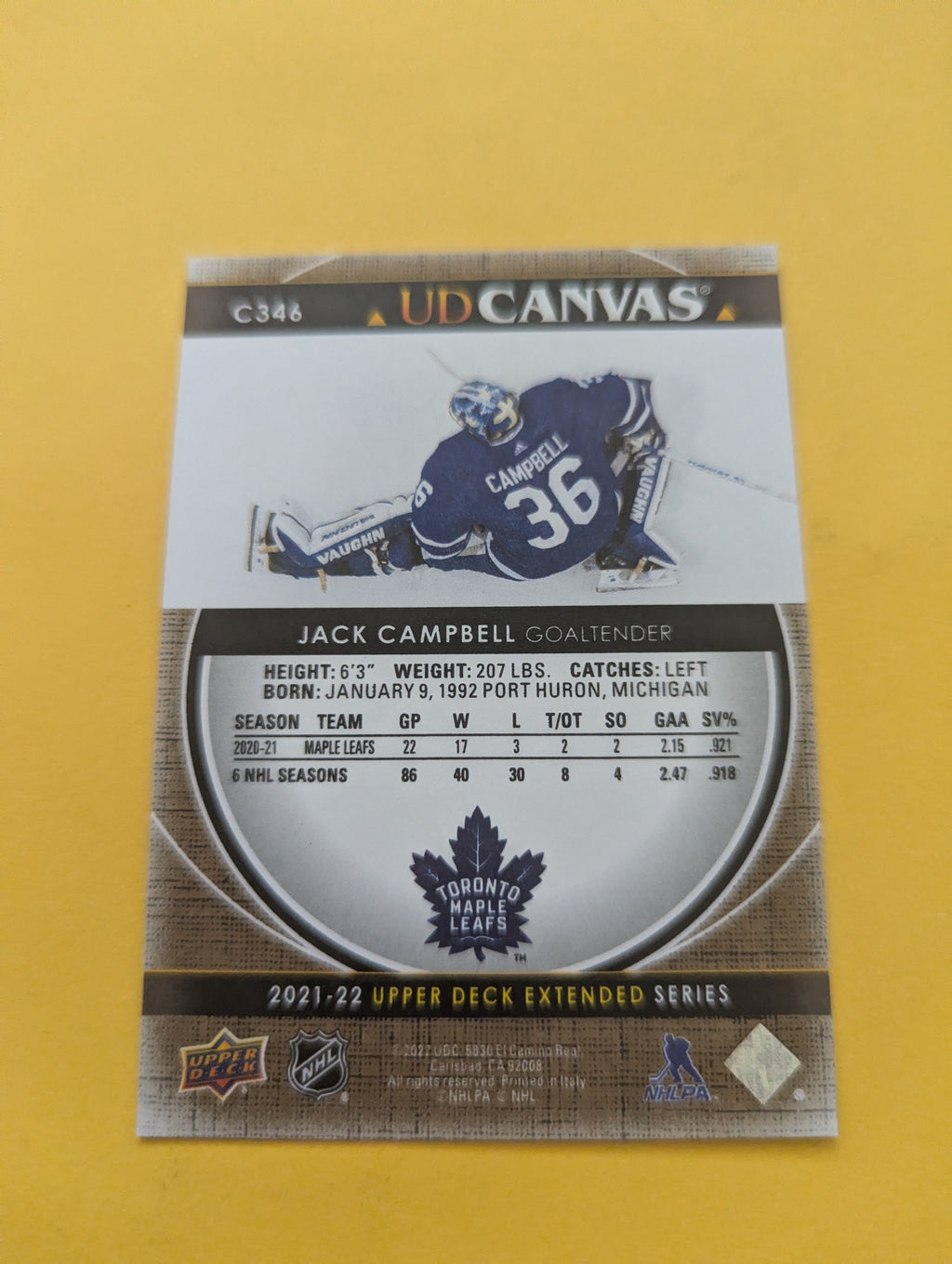 Jack Campbell 21-22 Upper Deck UD Canvas Card