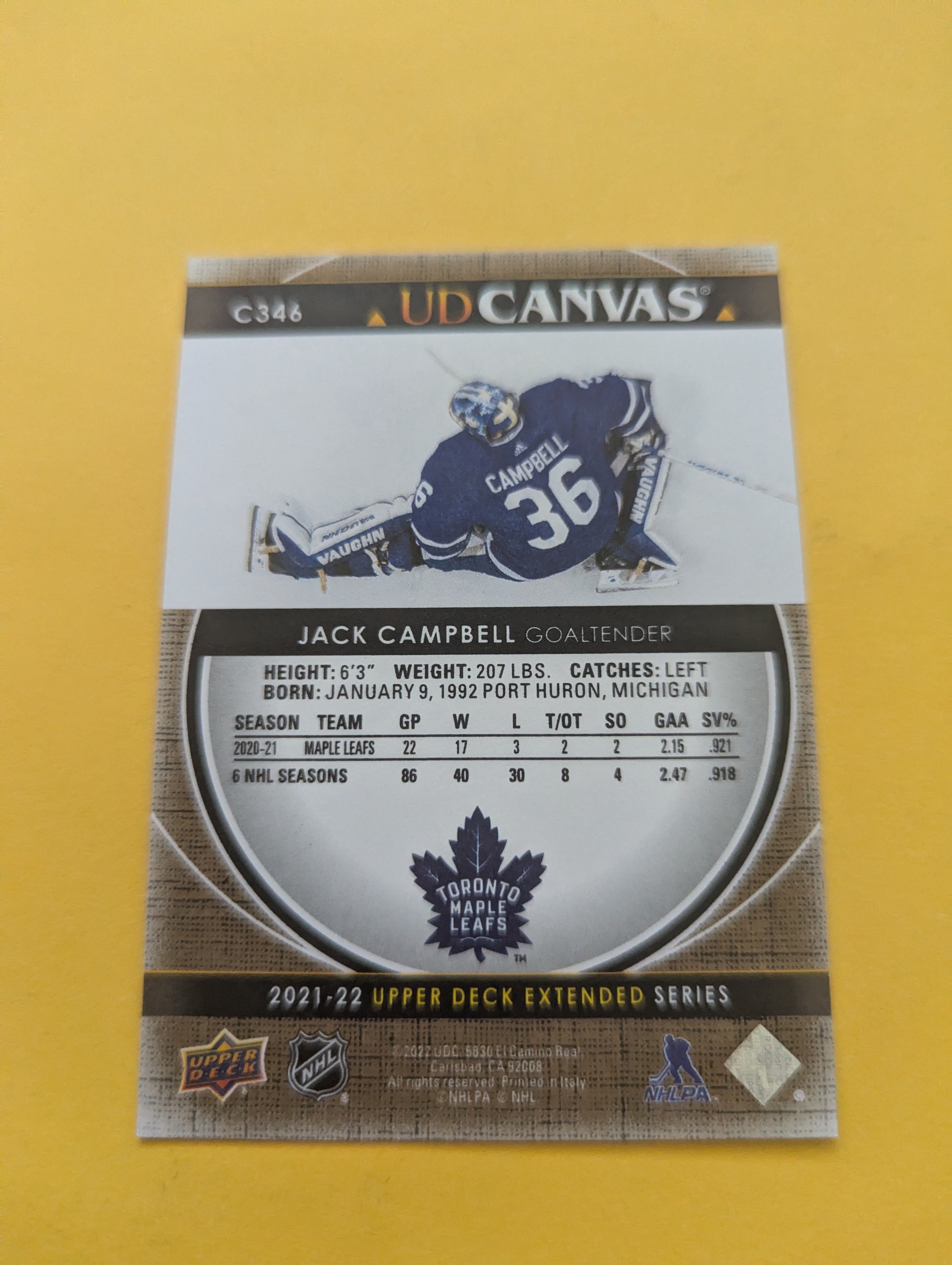 Jack Campbell 21-22 Upper Deck UD Canvas Card