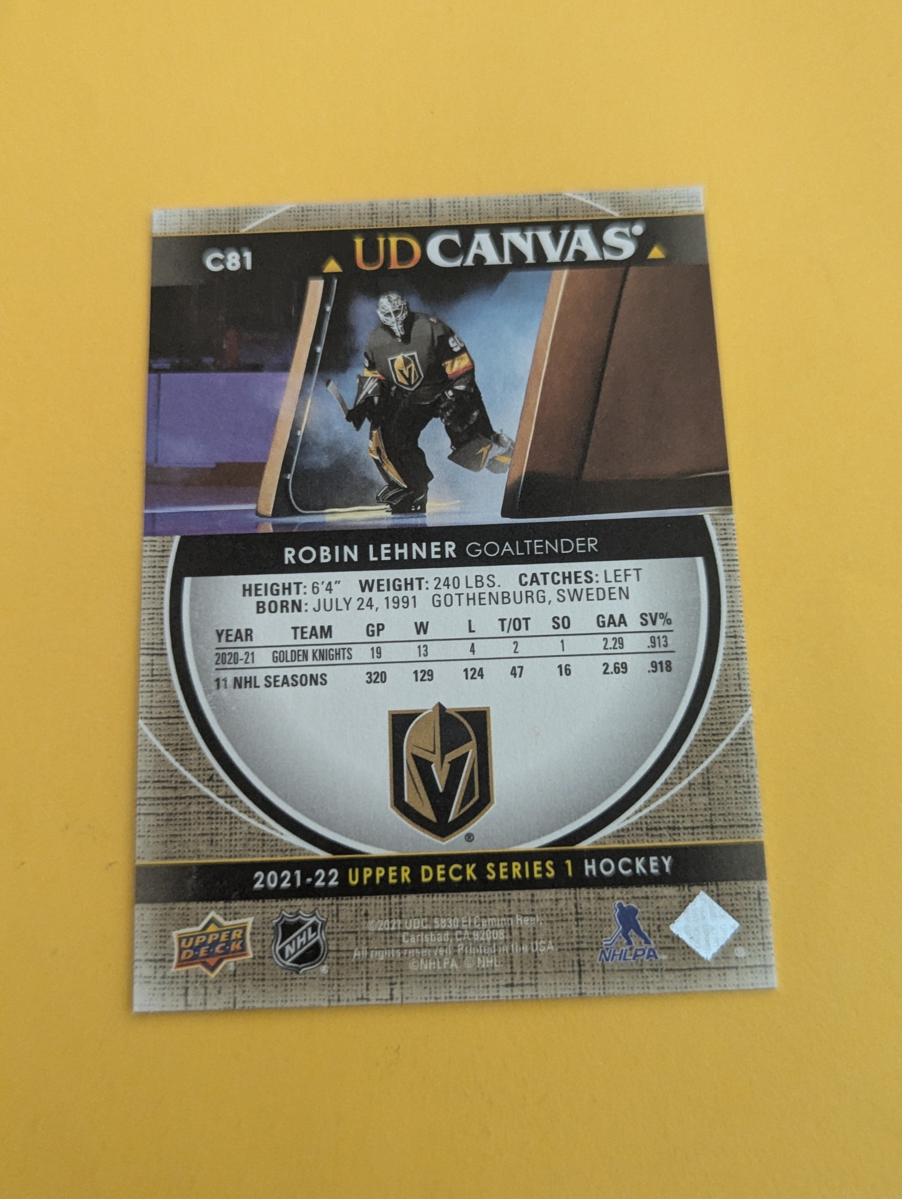 Robin Lehner 21-22 Upper Deck UD Canvas Card