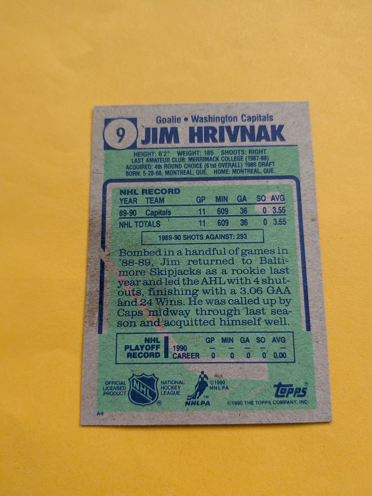 Jim Hrivnak Signed Washington Capitals Rookie Card B