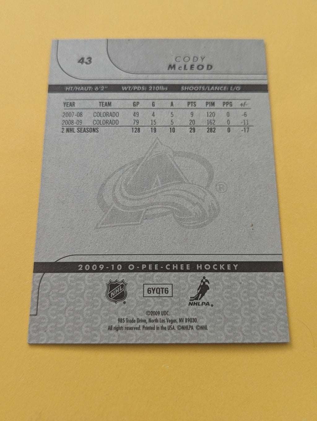 Cody McLeod Signed Colorado Avalanche Card