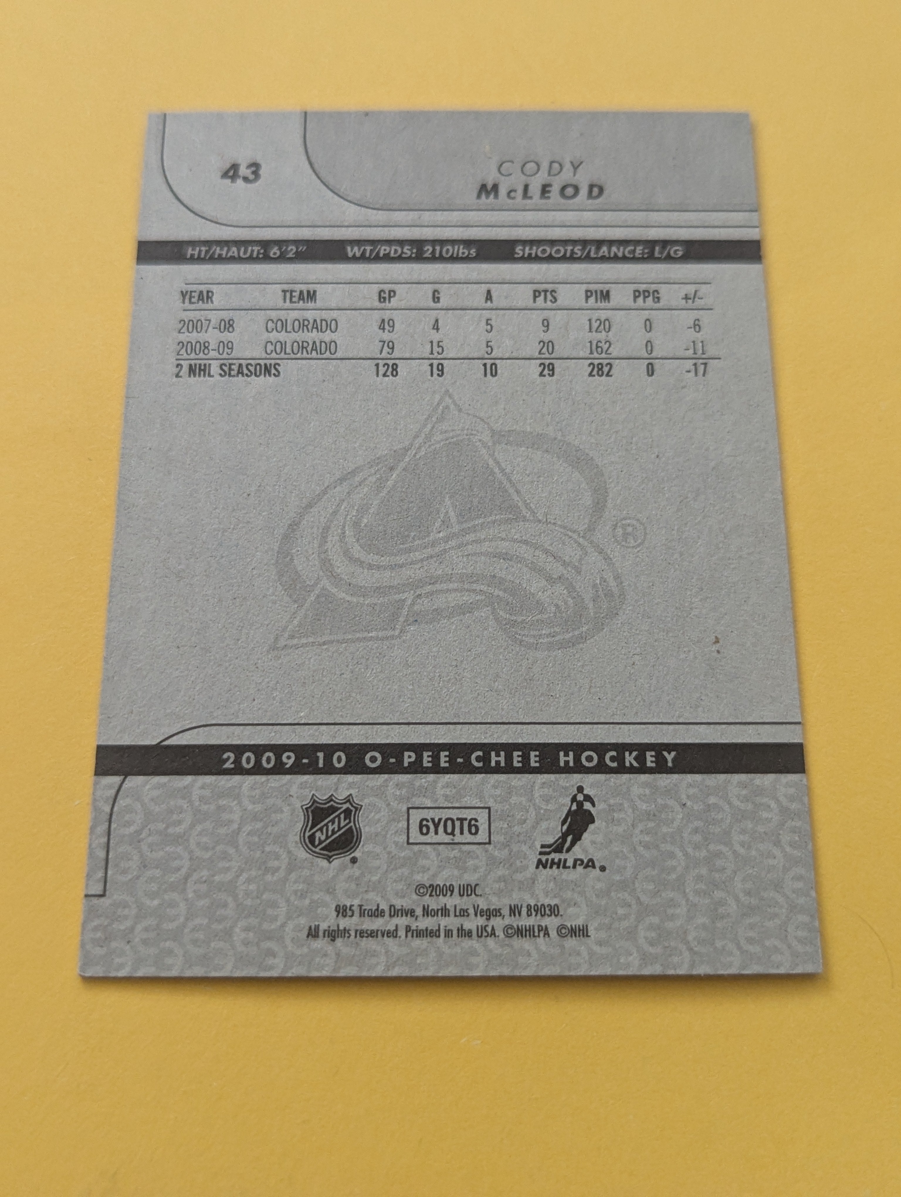 Cody McLeod Signed Colorado Avalanche Card