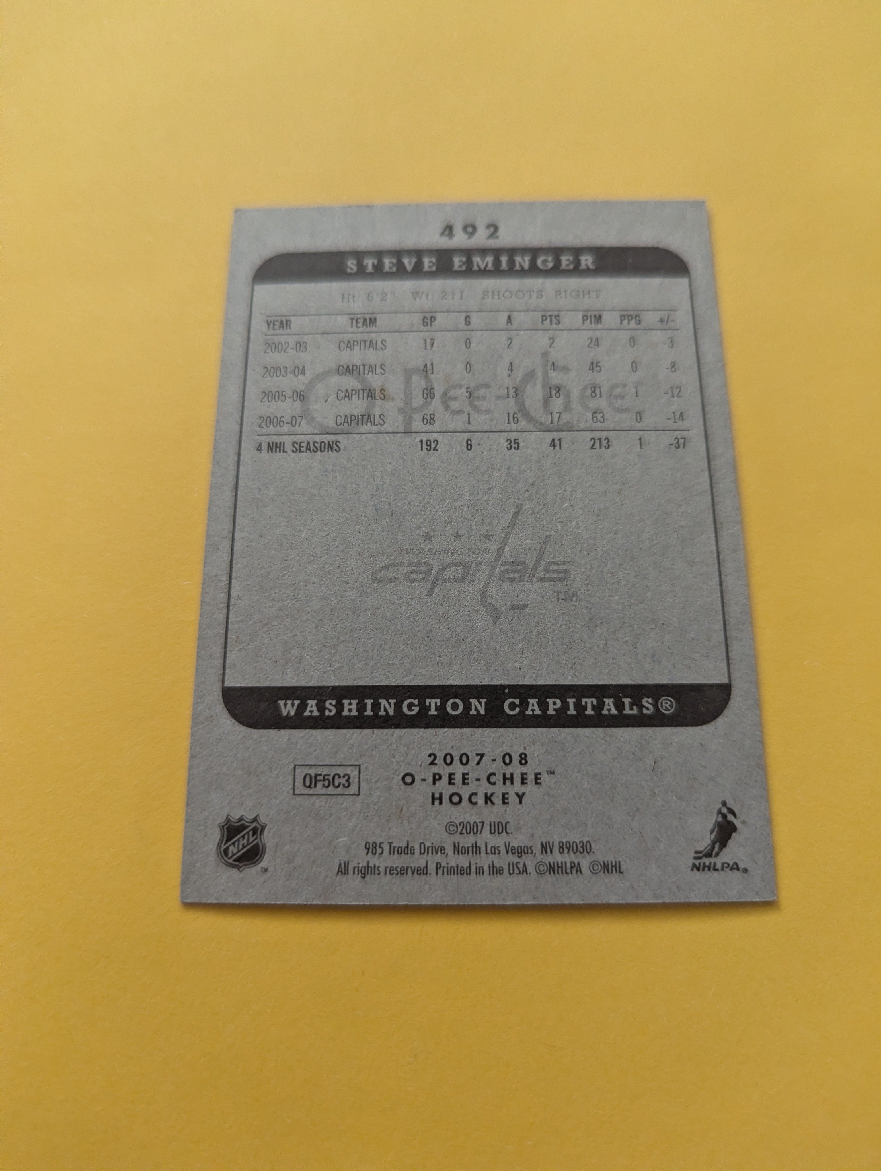 Steve Eminger Signed Washington Capitals Card