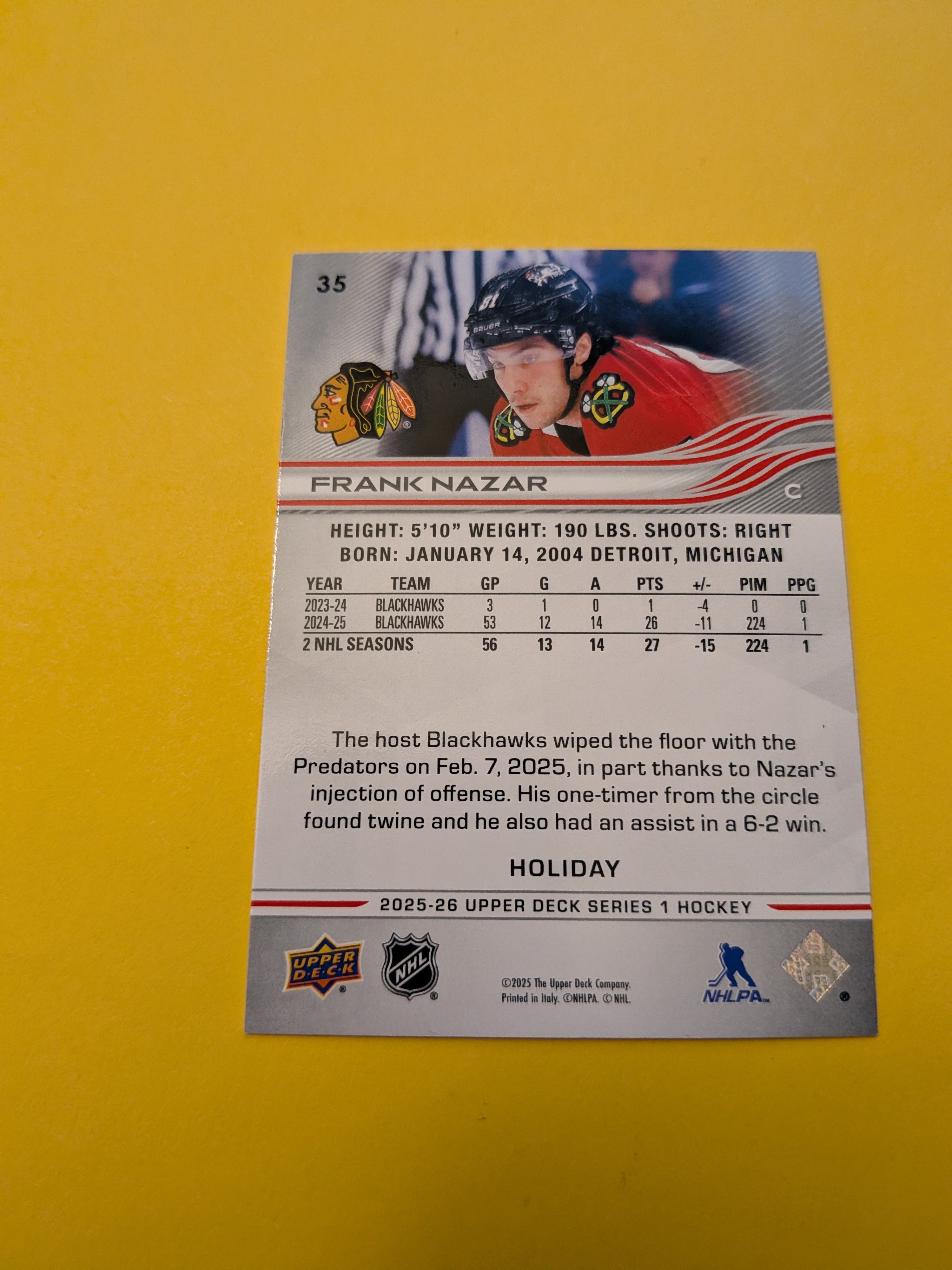 Frank Nazar 25-26 Upper Deck Green Holiday Card