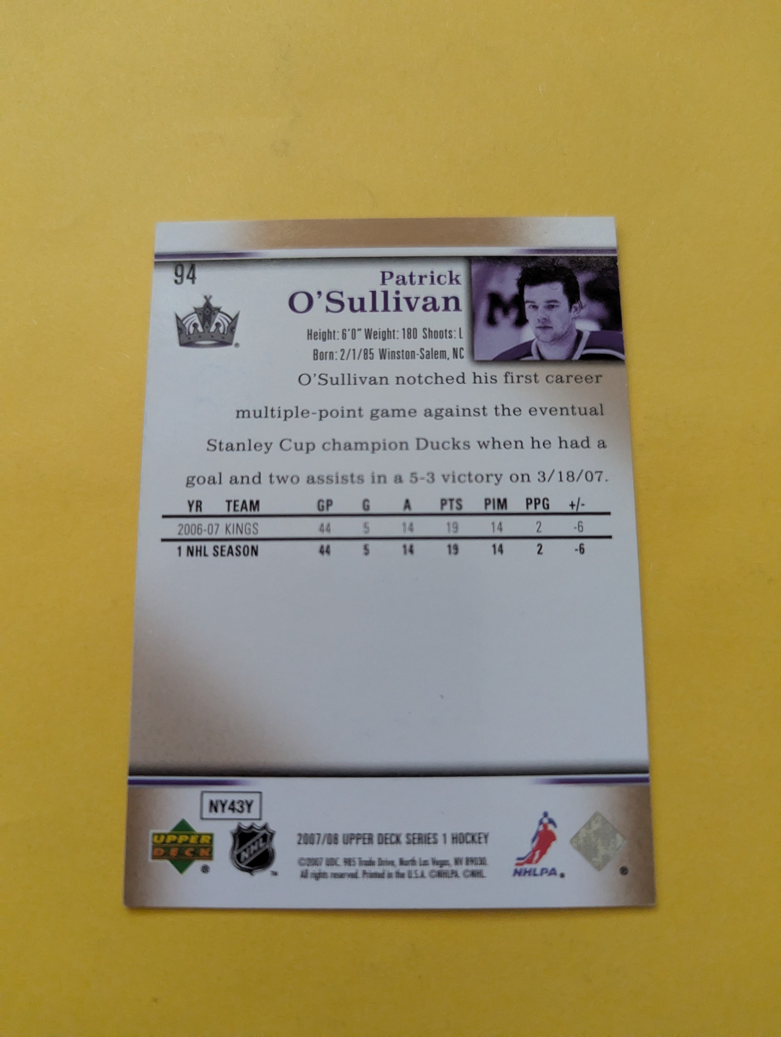 Patrick O'Sullivan Signed Los Angeles Kings Card A