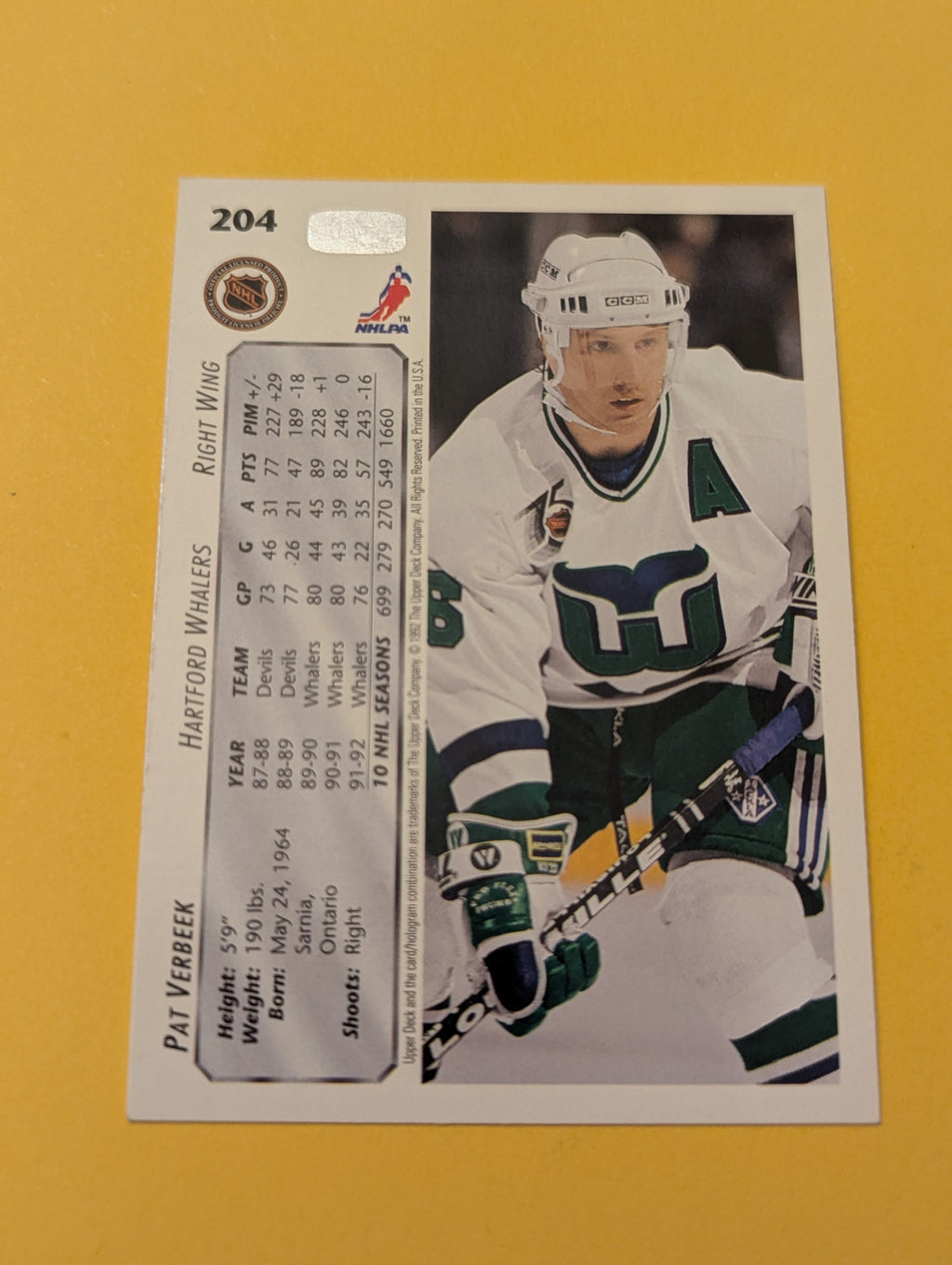 Pat Verbeek Signed Hartford Whalers Card