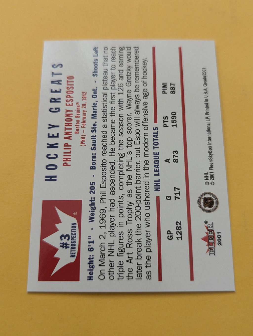 Phil Esposito 2001 Fleer Greats Of The Game Retrospective Card
