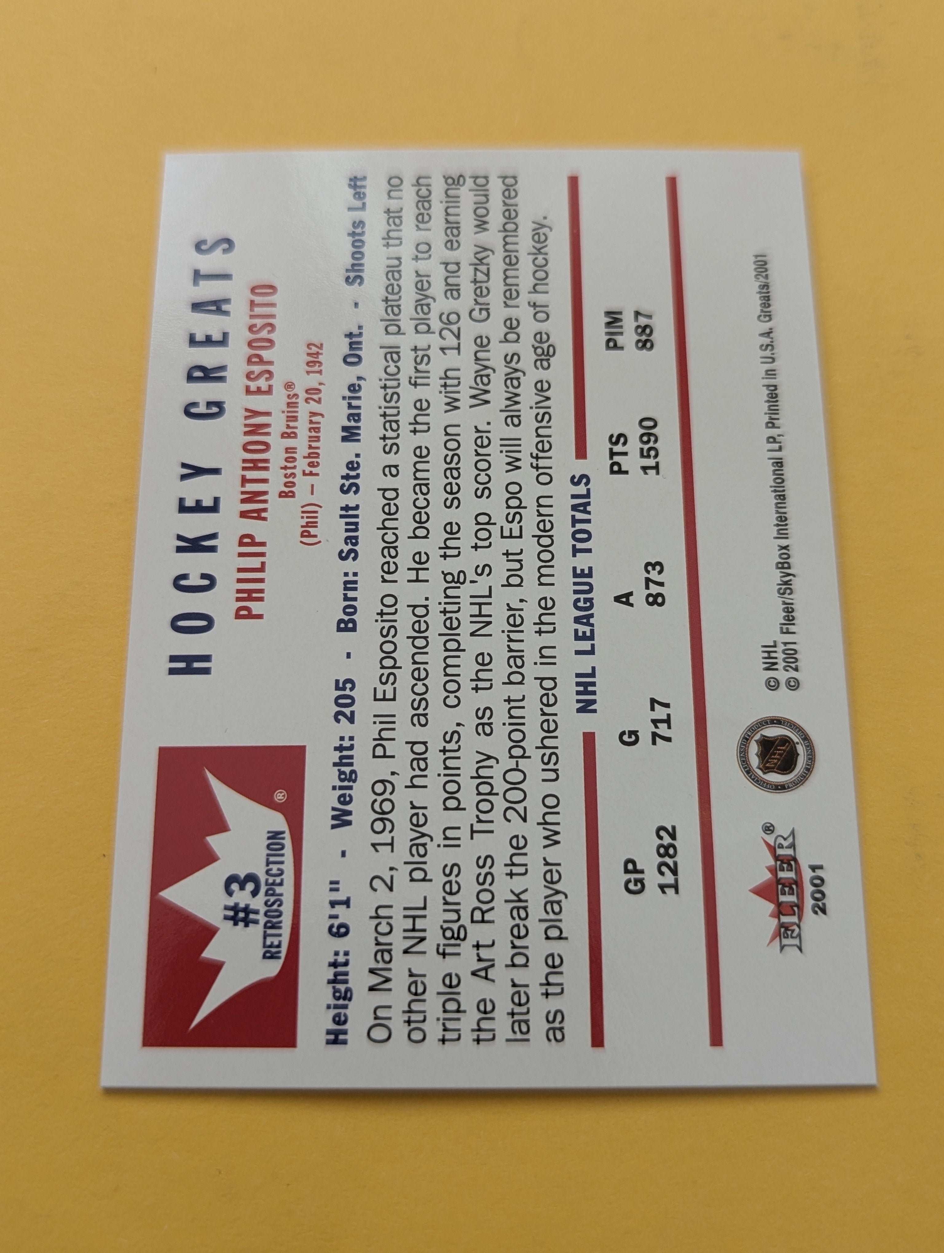 Phil Esposito 2001 Fleer Greats Of The Game Retrospective Card