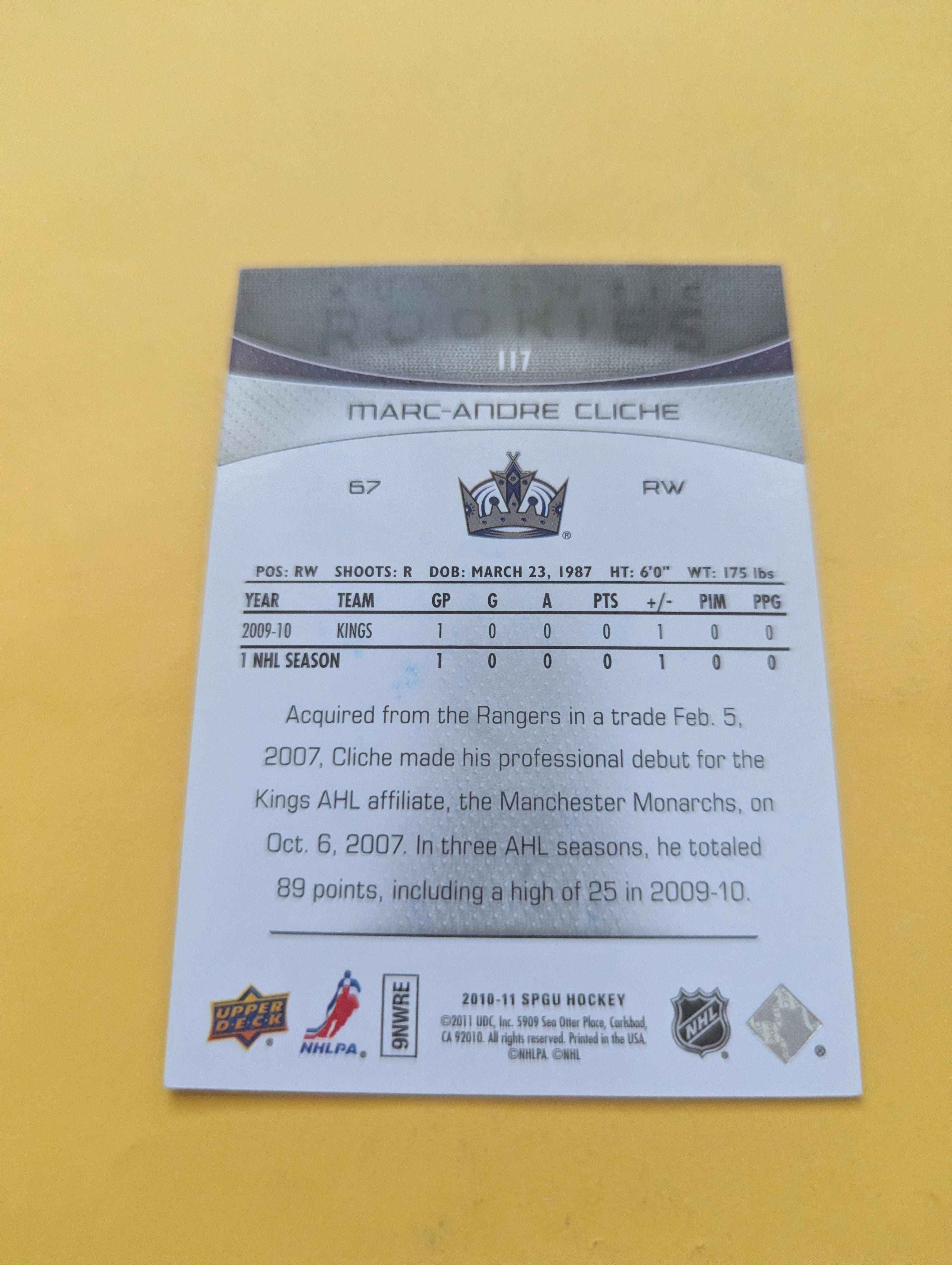 Marc Andre Cliche Signed Los Angeles Kings Rookie Card B