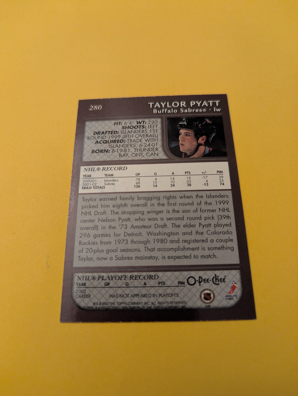 Taylor Pyatt Signed Buffalo Sabres Card