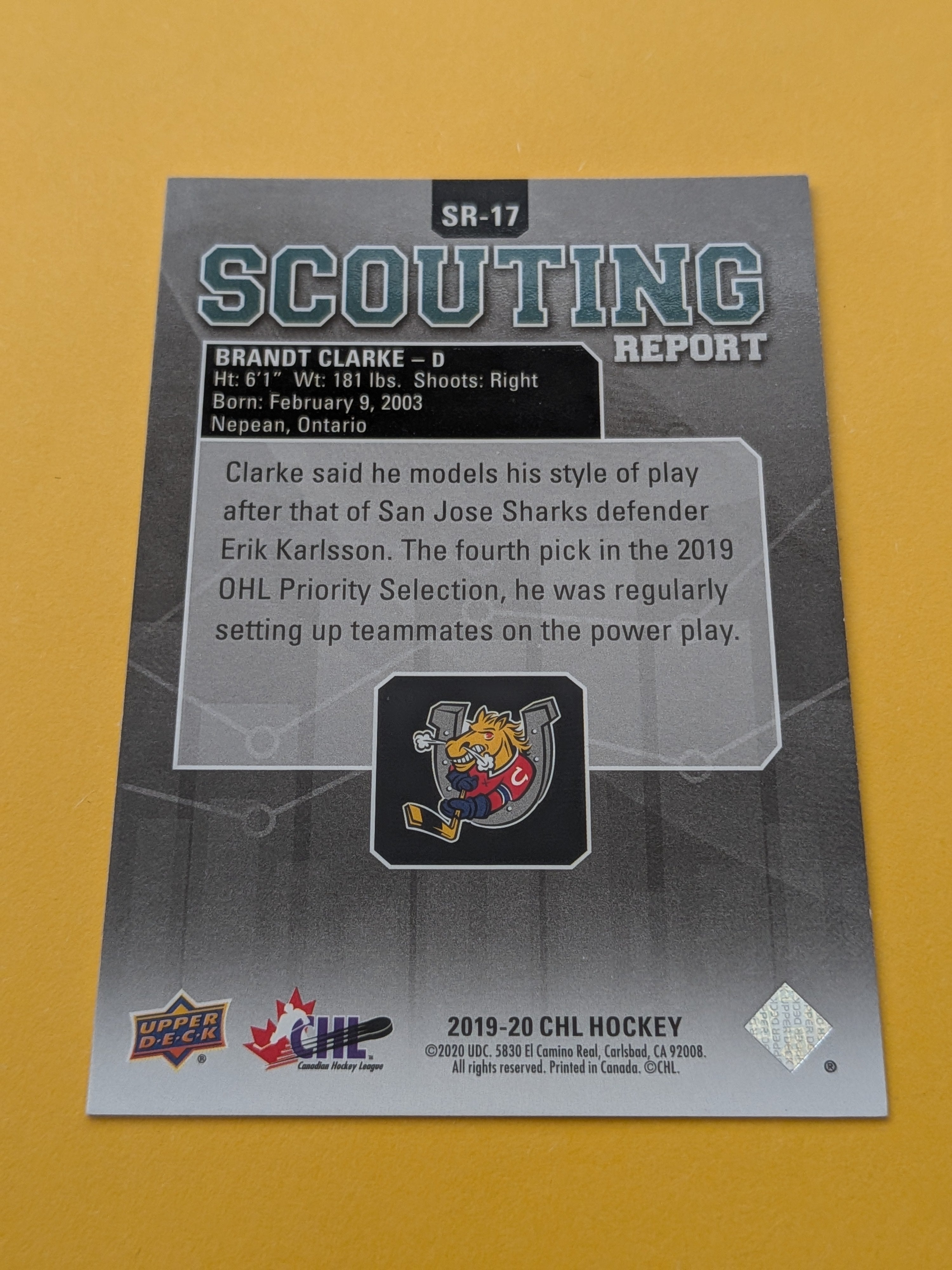 Brandt Clarke 19-20 Upper Deck CHL Scouting Reports Card