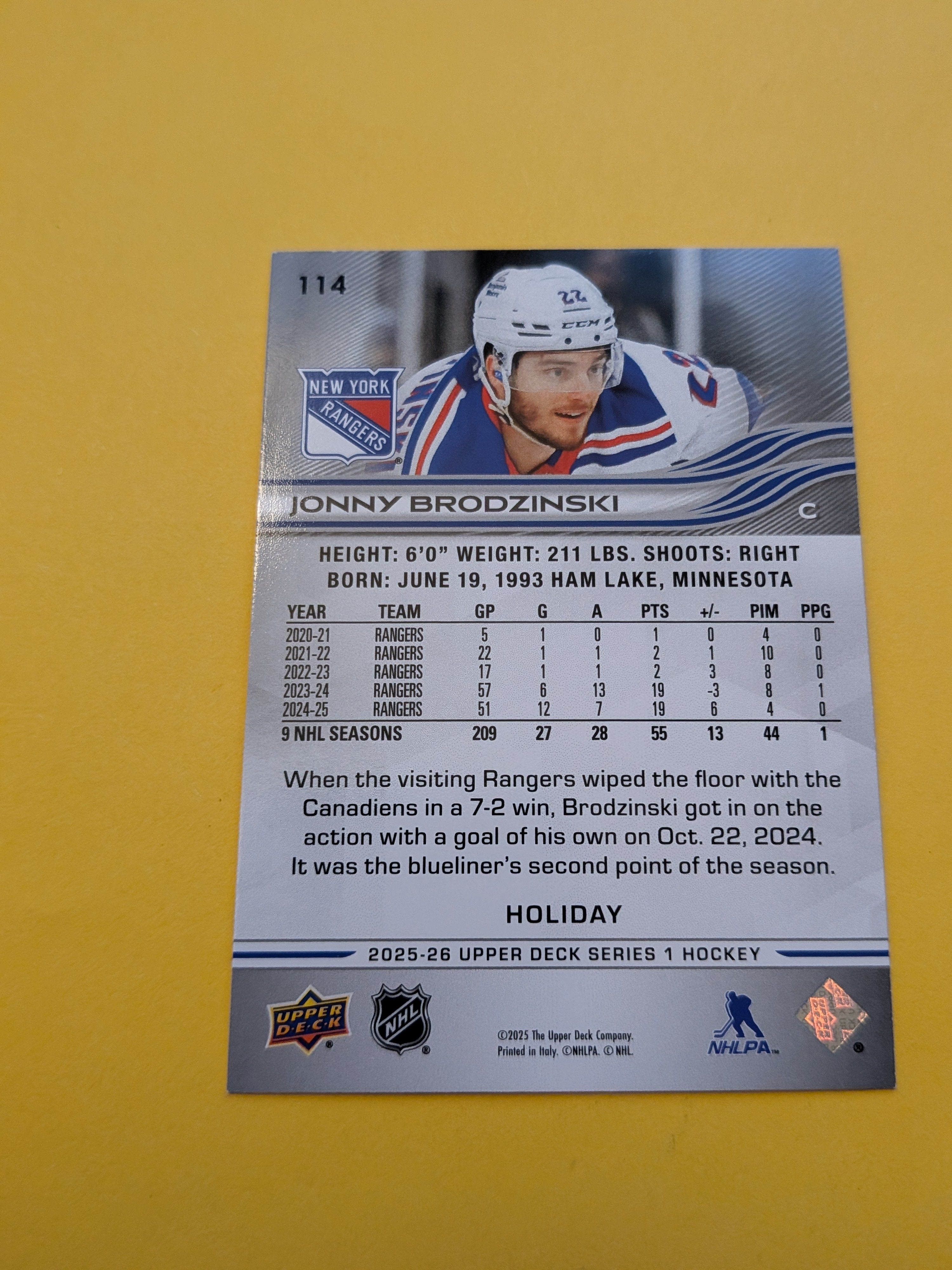 Johnny Brodzinski 25-26 Upper Deck Green Holiday Card
