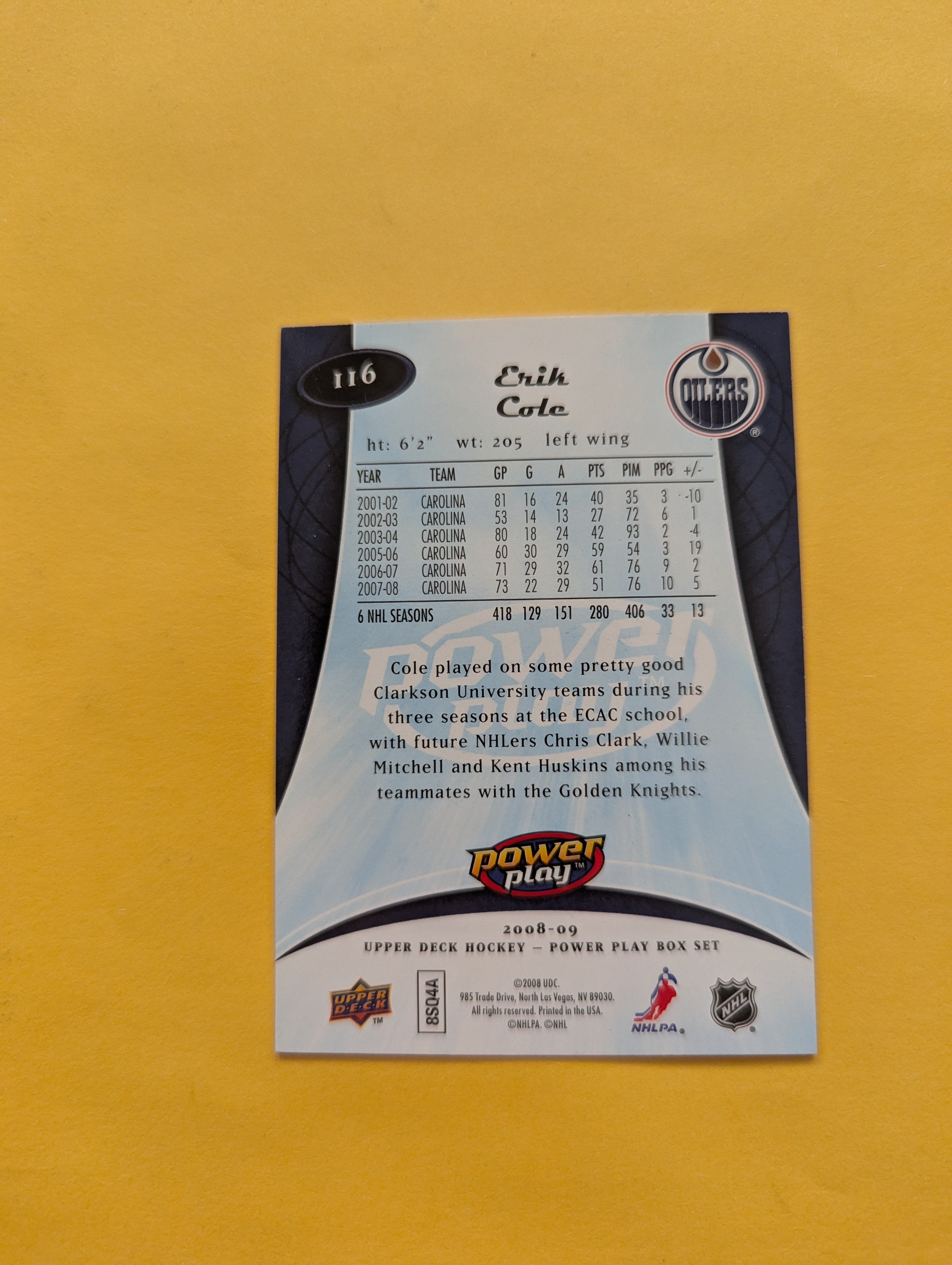 Erik Cole Signed Carolina Hurricanes Card D